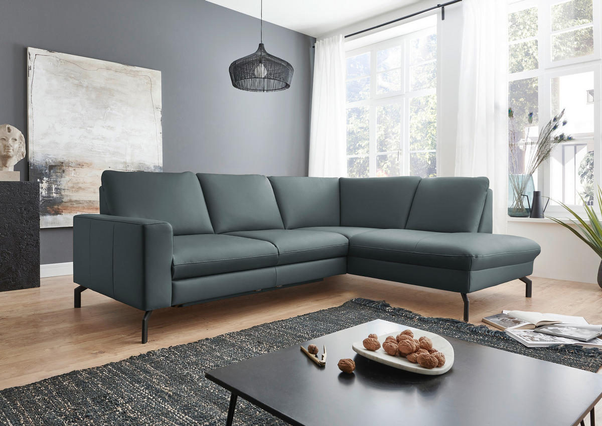 ECKSOFA in Echtleder Blaugrau  - Blaugrau/Schwarz, Design, Leder/Metall (250/194cm) - Beldomo Premium