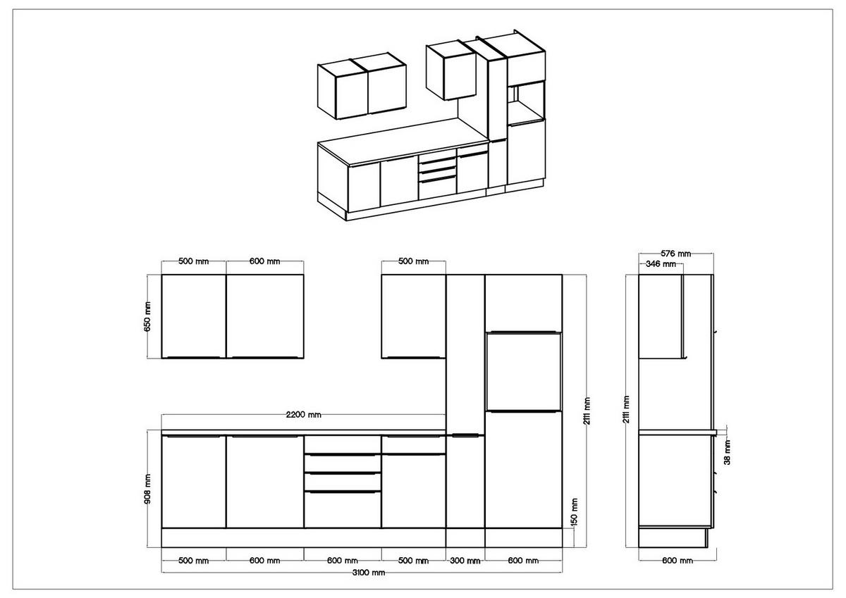 KÜCHENBLOCK 310 cm   in Grau, Eiche Artisan  - Anthrazit/Alufarben, Lifestyle, Holzwerkstoff/Kunststoff (310cm) - Respekta