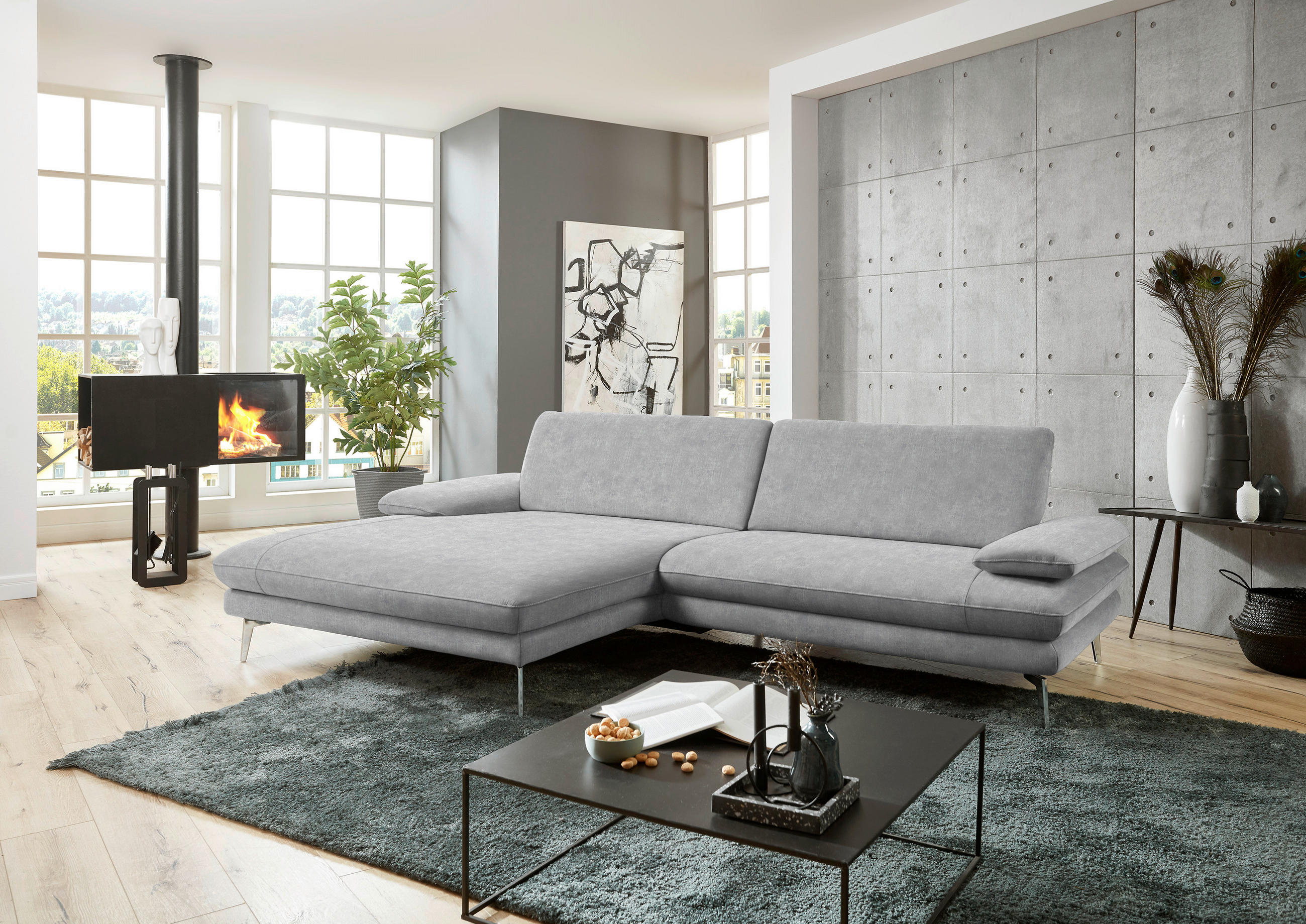 ECKSOFA in Velours Hellgrau  - Hellgrau/Schwarz, Design, Textil/Metall (184/284cm) - Dieter Knoll
