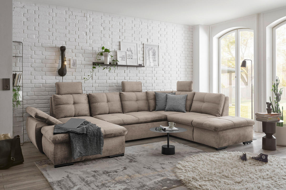 WOHNLANDSCHAFT in Mikrovelours Creme  - Creme/Schwarz, KONVENTIONELL, Kunststoff/Textil (127/334/217cm) - Carryhome