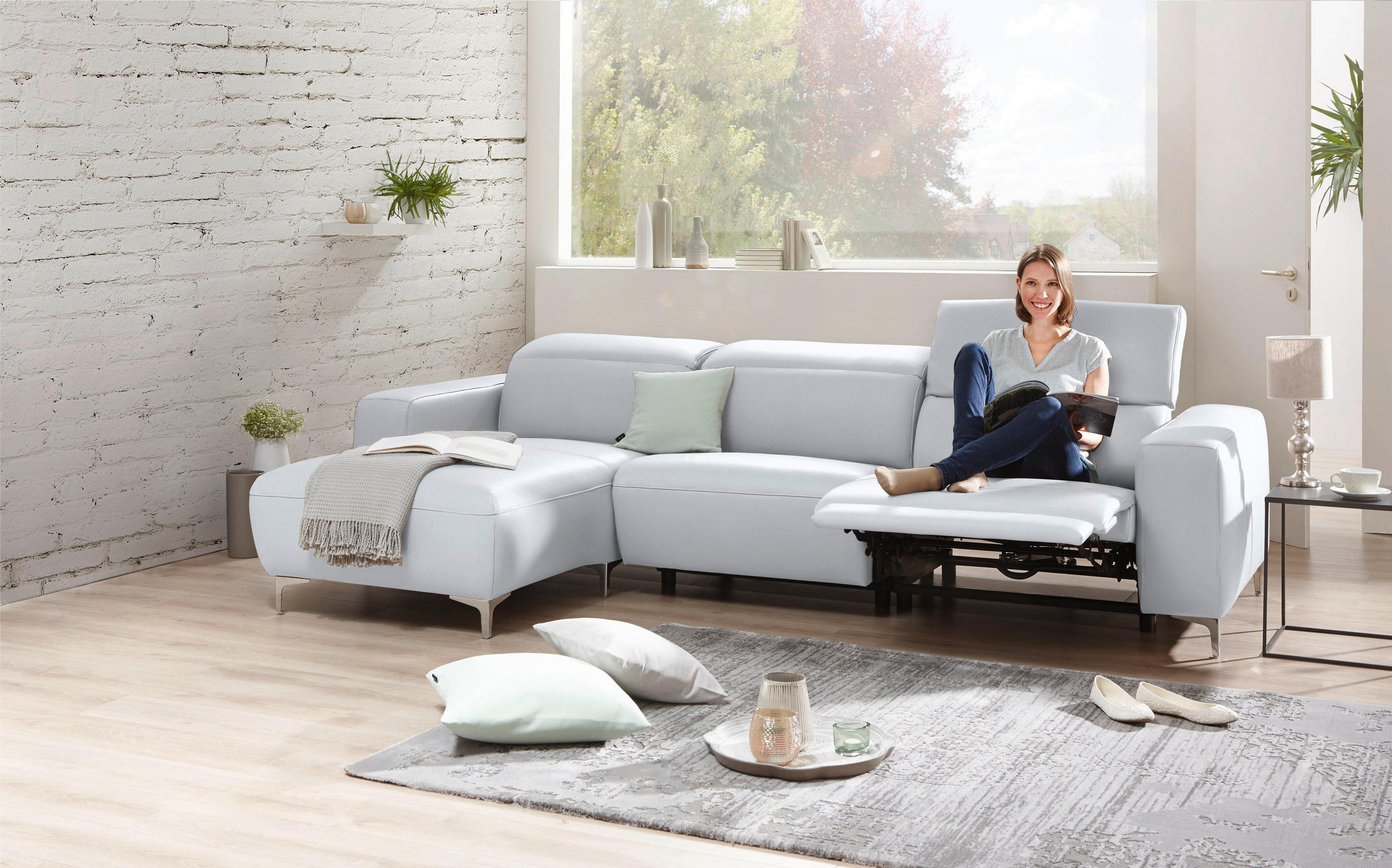 ECKSOFA Weiß Echtleder  - Chromfarben/Weiß, Design, Leder/Metall (177/292cm) - Pure Home Lifestyle