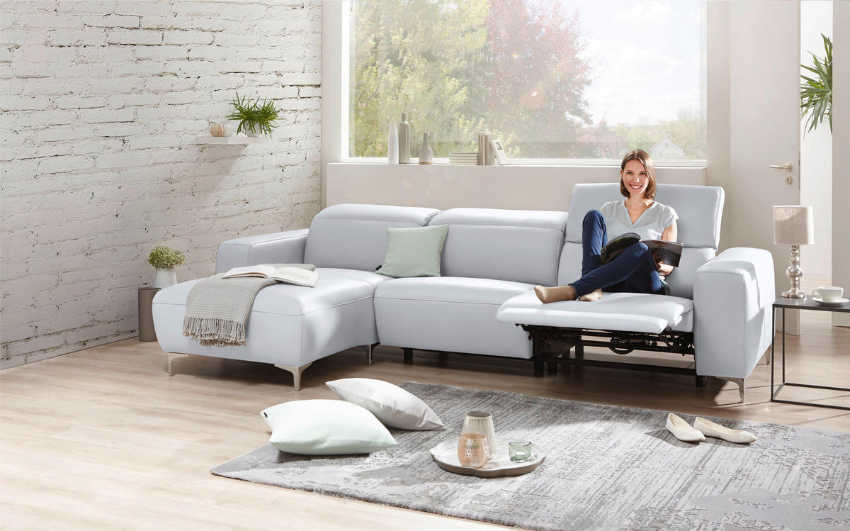 ECKSOFA Weiß Echtleder  - Chromfarben/Weiß, Design, Leder/Metall (177/292cm) - Pure Home Lifestyle
