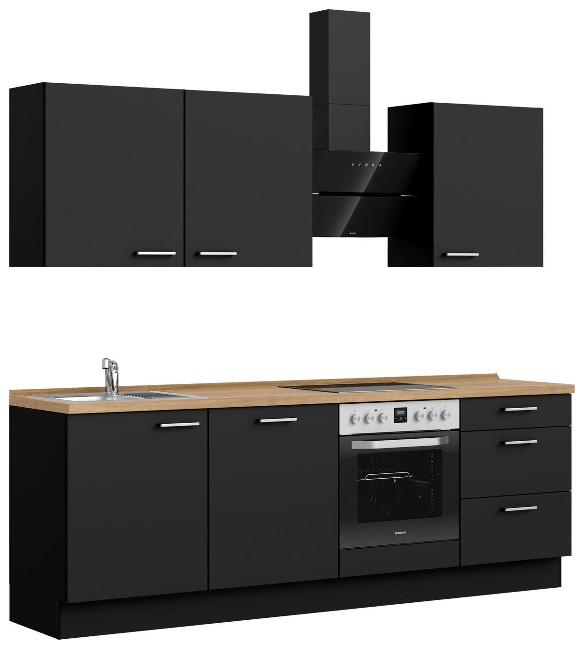 KÜCHENBLOCK 240 cm   in Schwarz, Eichefarben  - Edelstahlfarben/Eichefarben, MODERN, Holzwerkstoff/Metall (240cm) - Nobilia