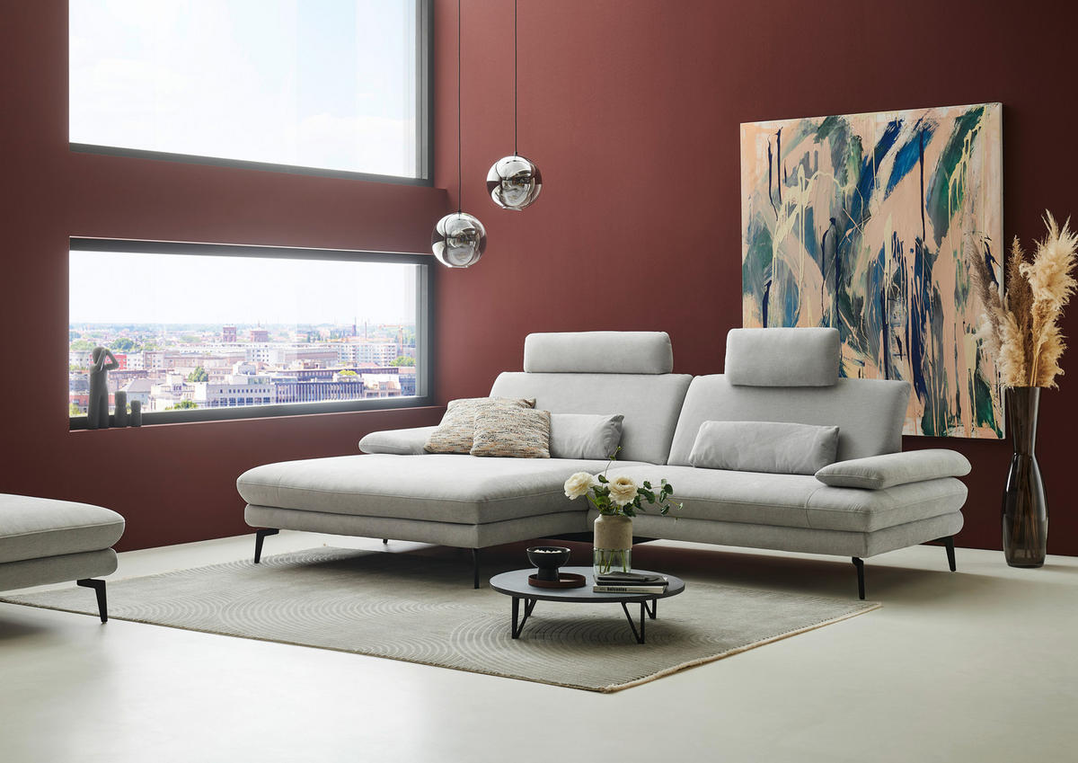 ECKSOFA in Chenille, Flachgewebe Silberfarben  180/284 cm  - Silberfarben/Schwarz, Design, Textil/Metall (180/284cm) - Dieter Knoll