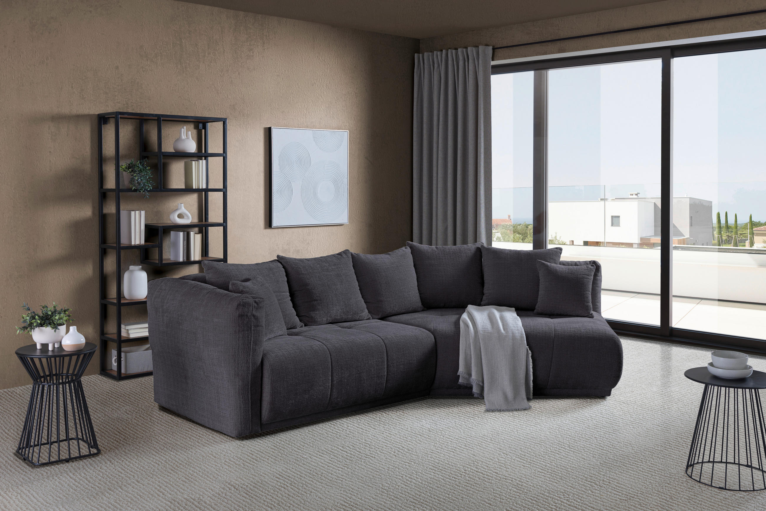 ECKSOFA Dunkelgrau Chenille  - Dunkelgrau/Schwarz, MODERN, Kunststoff/Textil (315/180cm) - Hom`in