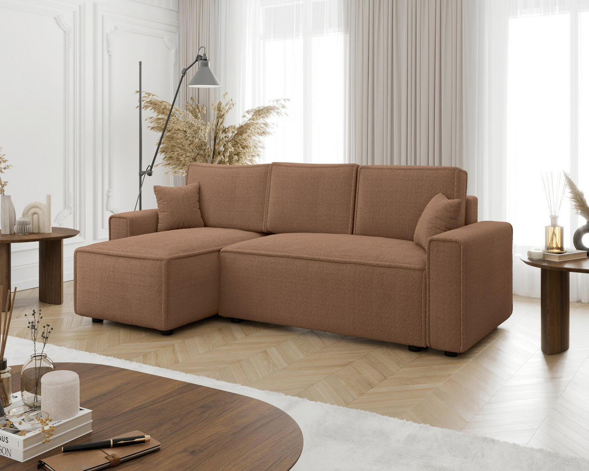 ECKSOFA Rostfarben Bouclé Zierkissen, Rückenkissen, Bettkasten, Schlaffunktion, Rücken echt, Liegefläche im Originalstoff  - Rostfarben/Schwarz, MODERN, Kunststoff/Textil (143/232cm) - Carryhome