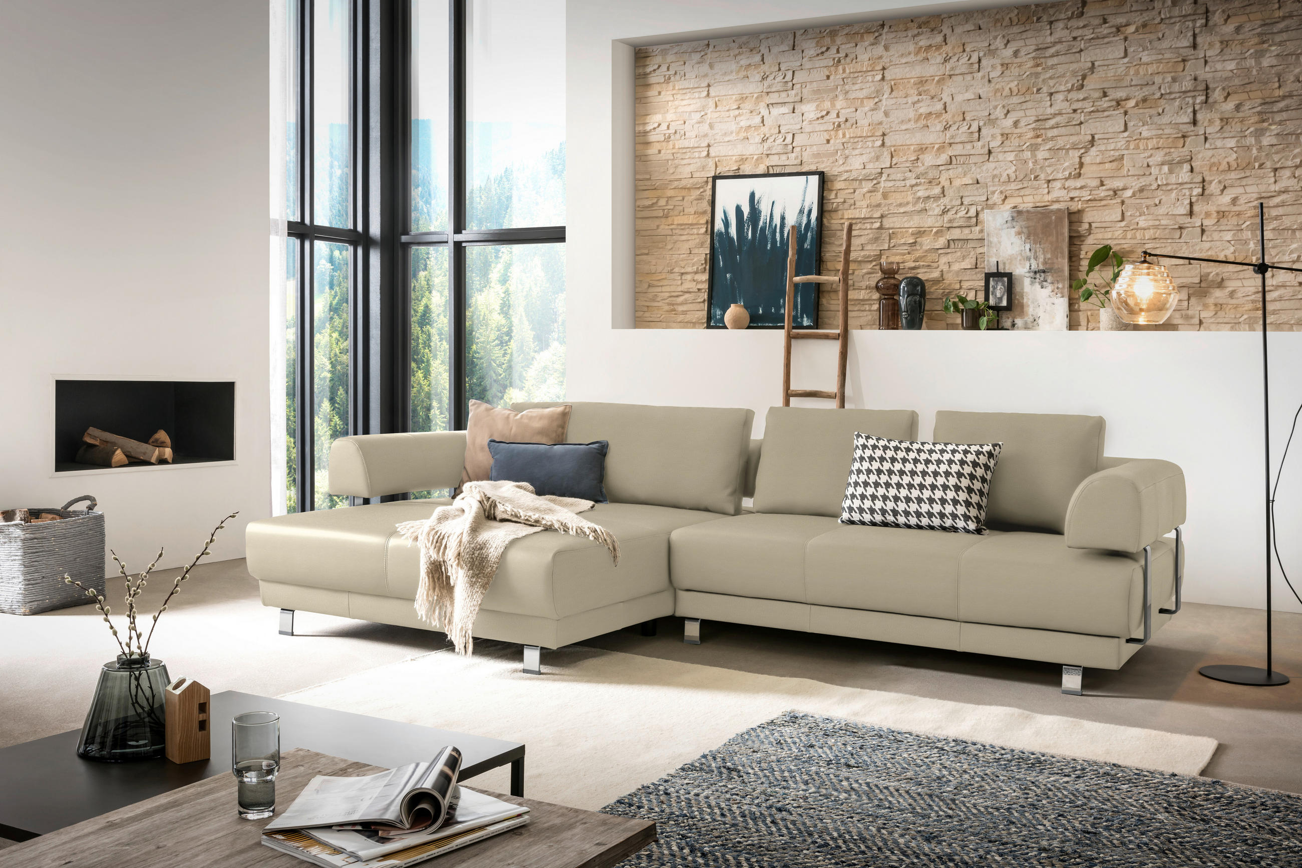 ECKSOFA Sandfarben Echtleder  - Sandfarben, Design, Leder/Metall (188/307cm)