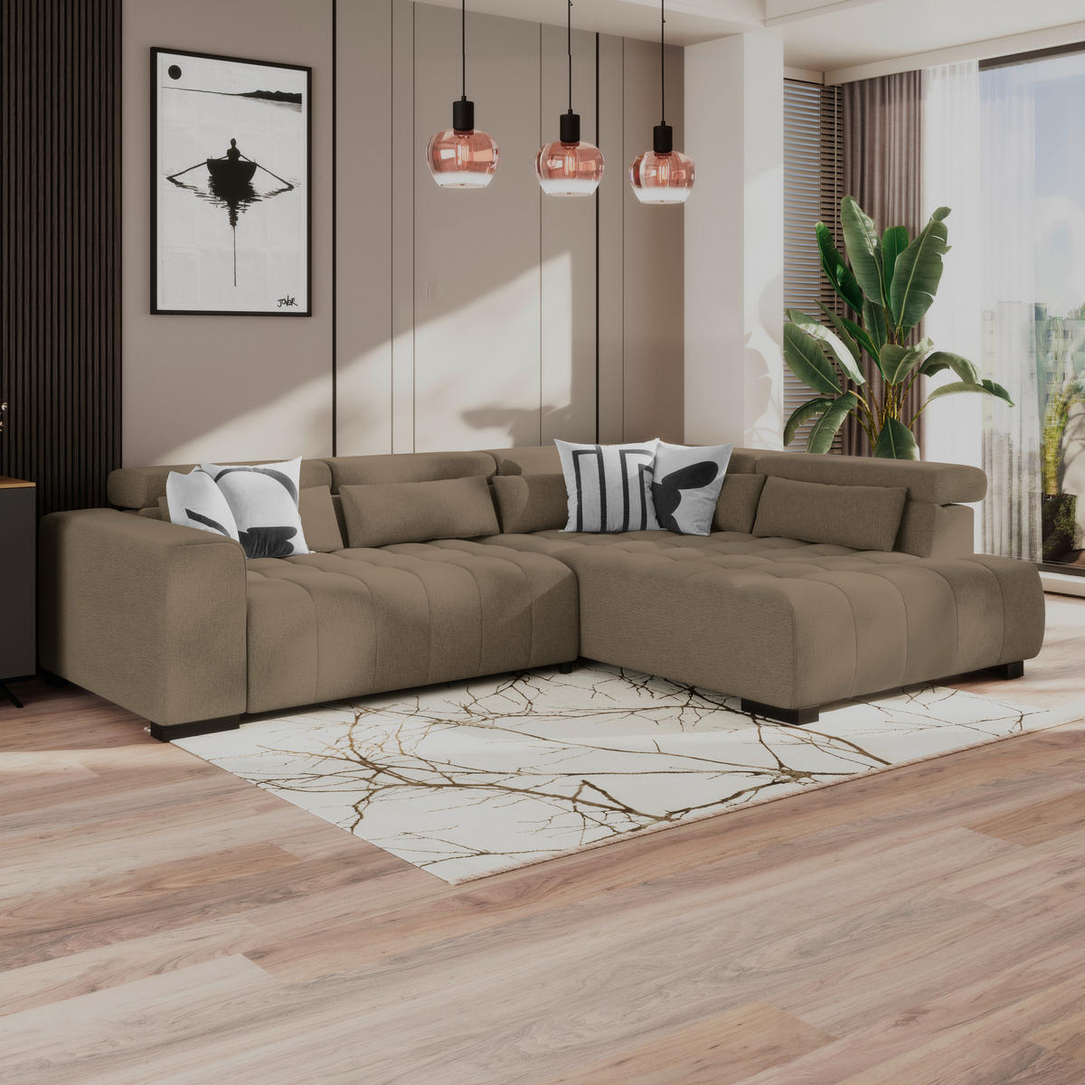 ECKSOFA MATERA Braun Chenille, Struktur Nierenkissen, Kopfteilverstellung, Sitzvorzug  - Schwarz/Braun, Trend, Holz/Textil (311/226cm) - MID.YOU