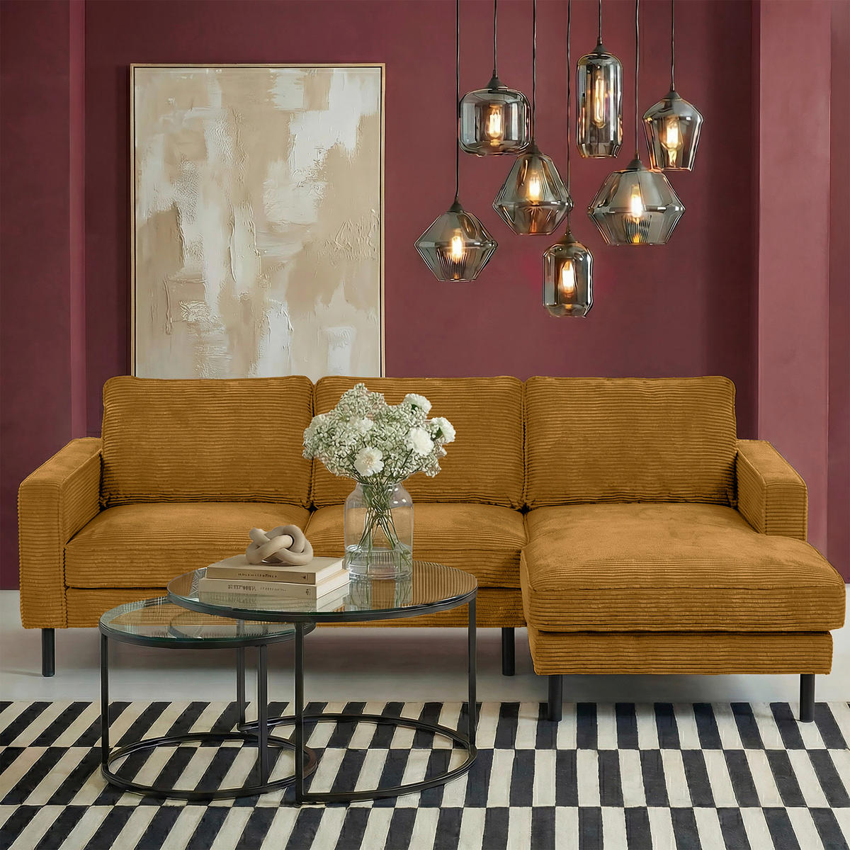 ECKSOFA Cord Senfgelb  - Senfgelb/Schwarz, Design, Textil/Metall (238/166cm) - Livetastic