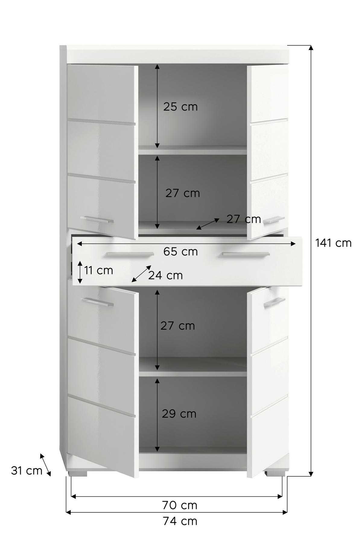 MIDISCHRANK 74/141/31 cm  - Chromfarben/Weiß Hochglanz, MODERN, Holzwerkstoff/Kunststoff (74/141/31cm) - MID.YOU