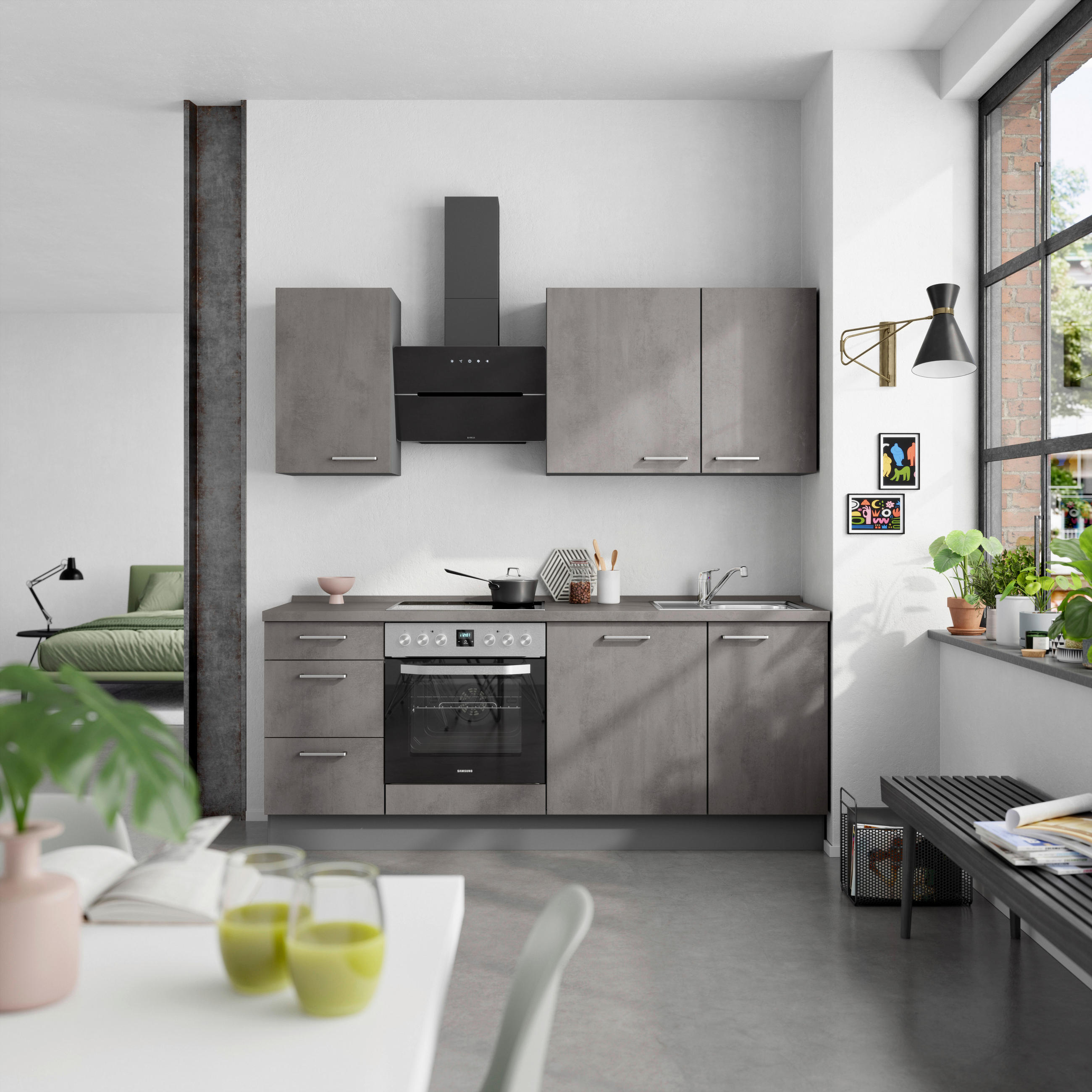 KÜCHENBLOCK Riva 210 cm  in Schieferfarben  - Schieferfarben/Edelstahlfarben, MODERN, Holzwerkstoff/Metall (210cm) - Nobilia