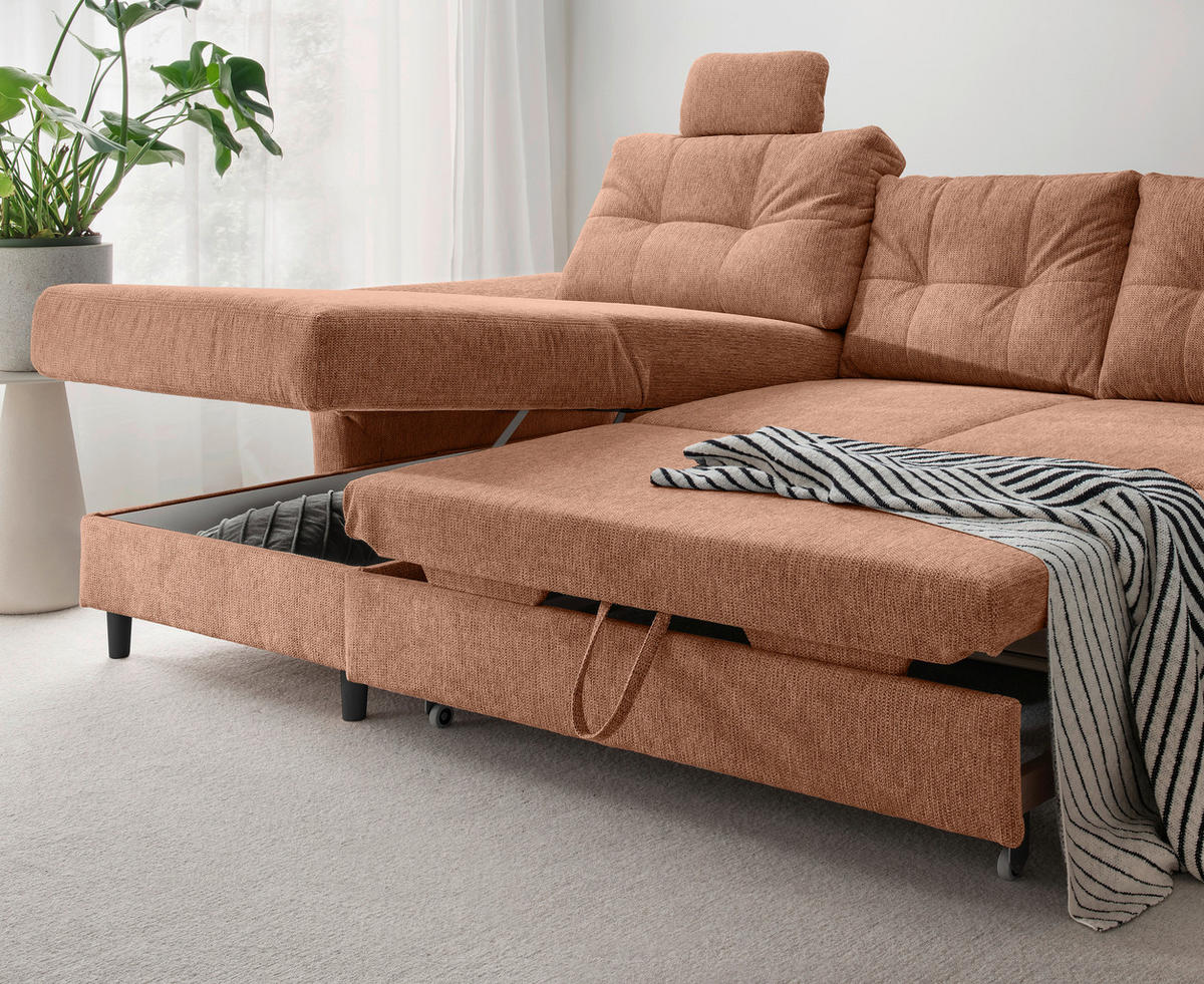 WOHNLANDSCHAFT Koralle Chenille  - Koralle/Schwarz, MODERN, Holz/Textil (176/338/206cm) - Livetastic