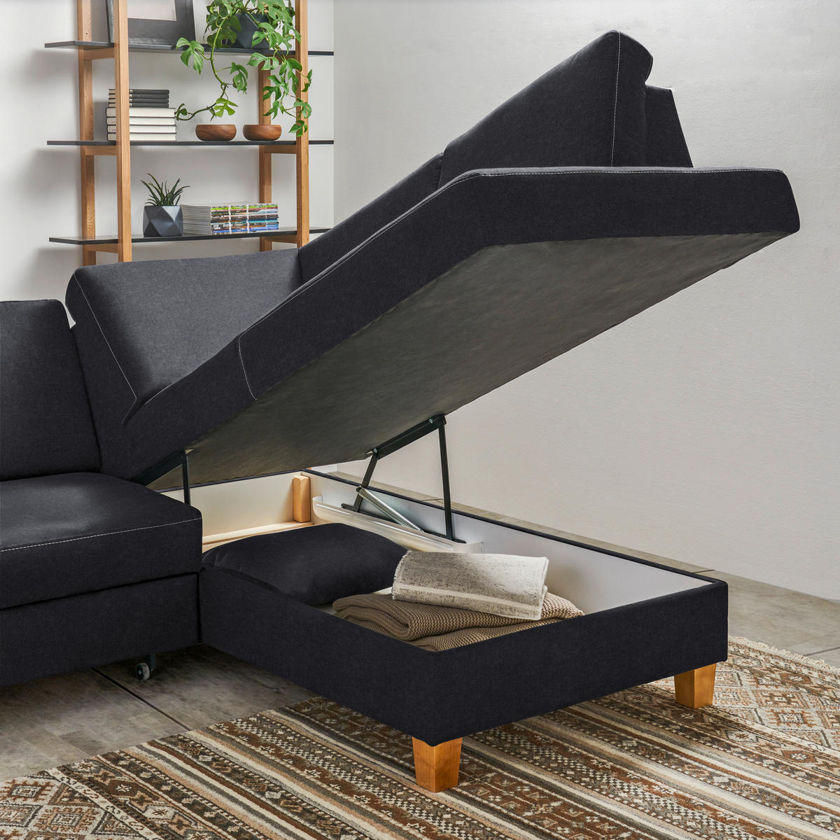 ECKSOFA Anthrazit Flachgewebe  - Eichefarben/Anthrazit, Design, Holz/Textil (253/185cm) - Cantus