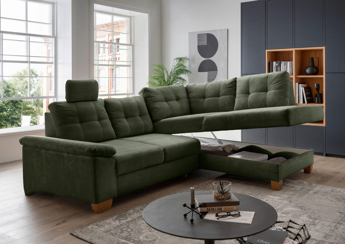 ECKSOFA in Cord Dunkelgrün  - Dunkelgrün/Naturfarben, Modern, Holz/Textil (274/206cm) - Livetastic