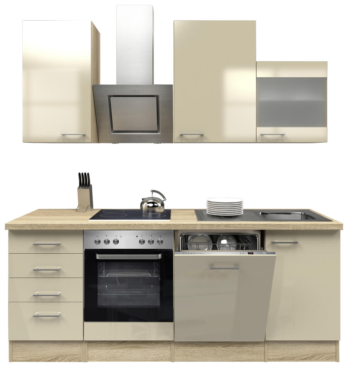 KÜCHENBLOCK 220 cm   in Kaschmir  - Kaschmir/Edelstahlfarben, MODERN, Glas/Holzwerkstoff (220cm) - FlexWell