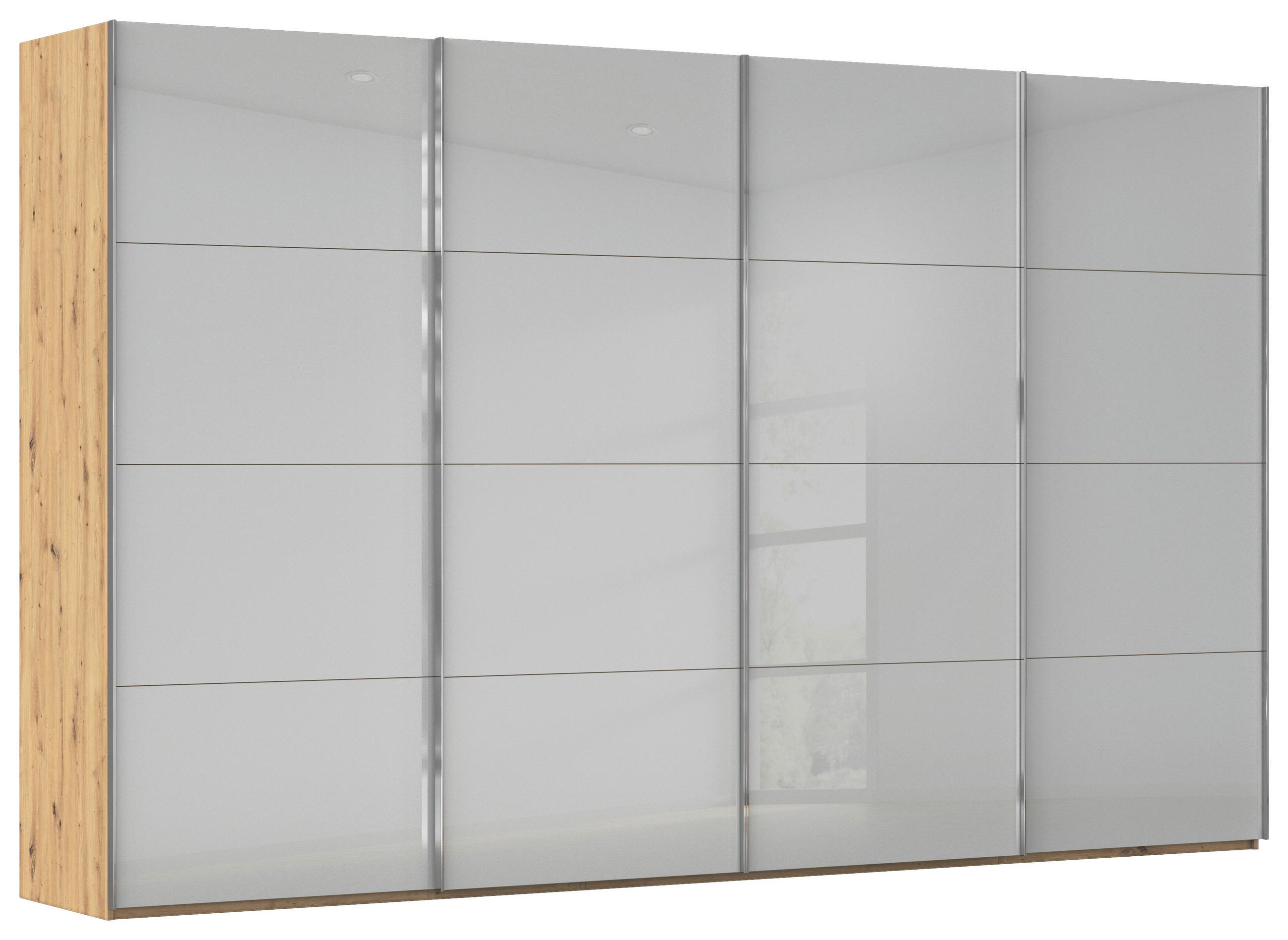 SCHWEBETÜRENSCHRANK 361/223/68 cm 4-türig Eiche Artisan, Seidengrau  - Chromfarben/Seidengrau, Design, Glas/Holzwerkstoff (361/223/68cm) - Novel