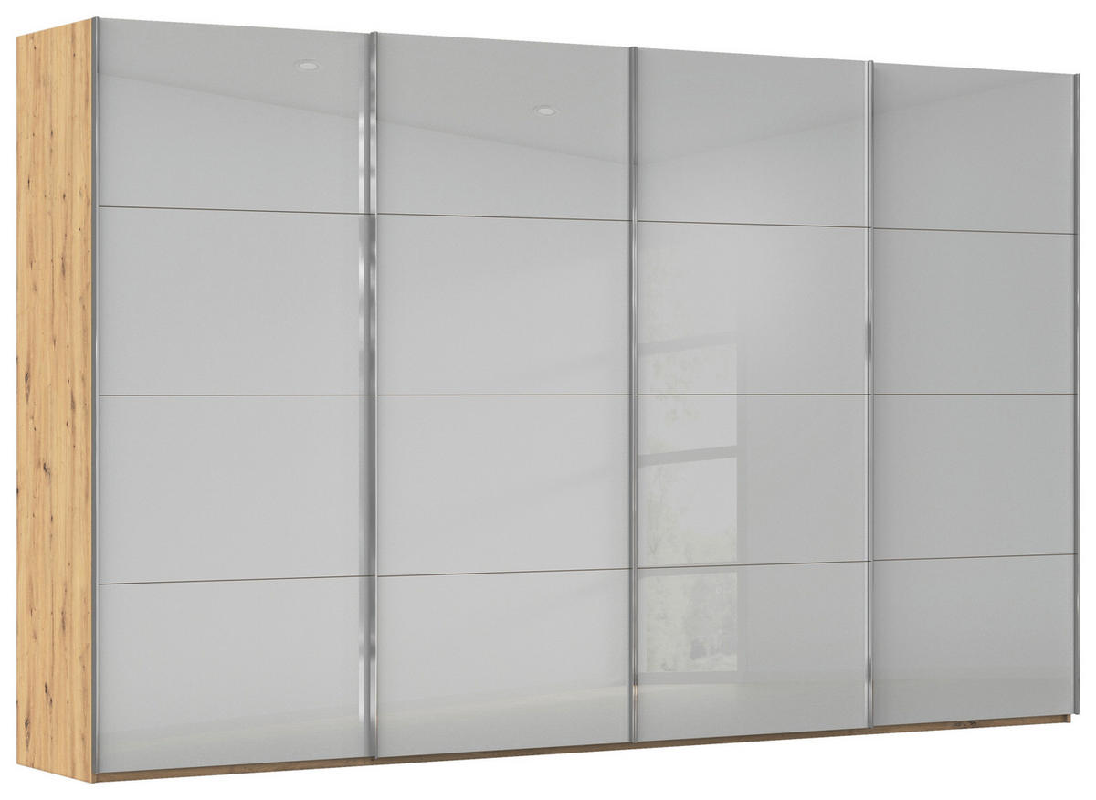SCHWEBETÜRENSCHRANK 361/223/68 cm 4-türig Eiche Artisan, Seidengrau  - Chromfarben/Seidengrau, Design, Glas/Holzwerkstoff (361/223/68cm) - Novel