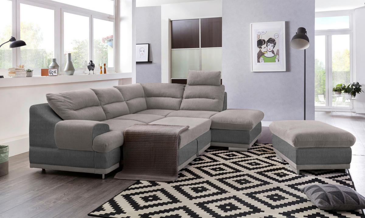 WOHNLANDSCHAFT Grau, Hellgrau Velours  - Chromfarben/Hellgrau, KONVENTIONELL, Textil/Metall (264/217cm) - MID.YOU