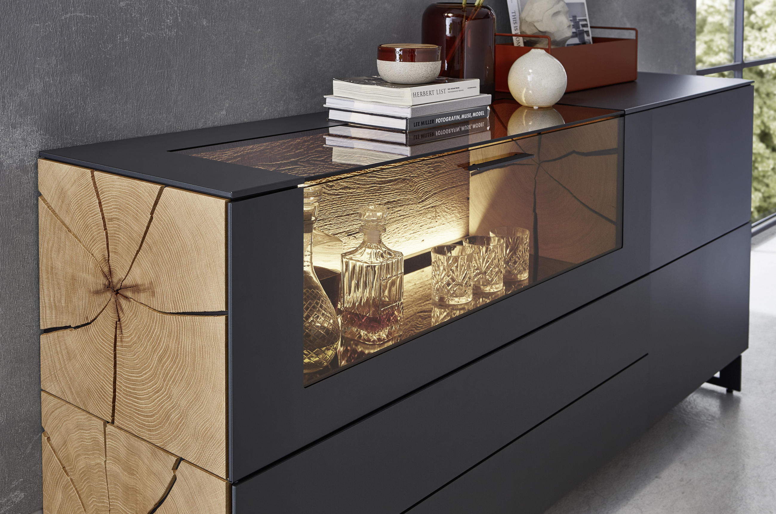SIDEBOARD Eichefarben, Titanfarben  183/75/44 cm  - Eichefarben/Anthrazit, Natur, Glas/Holz (183/75/44cm) - Valnatura