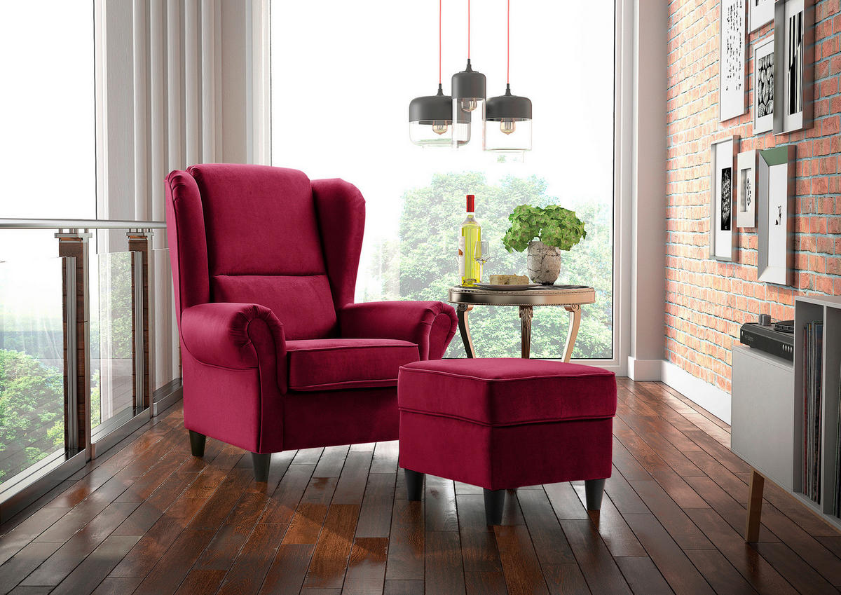 OHRENSESSEL Plüsch Bordeaux  - Bordeaux/Schwarz, Design, Holz/Textil (94/112/92cm) - MID.YOU