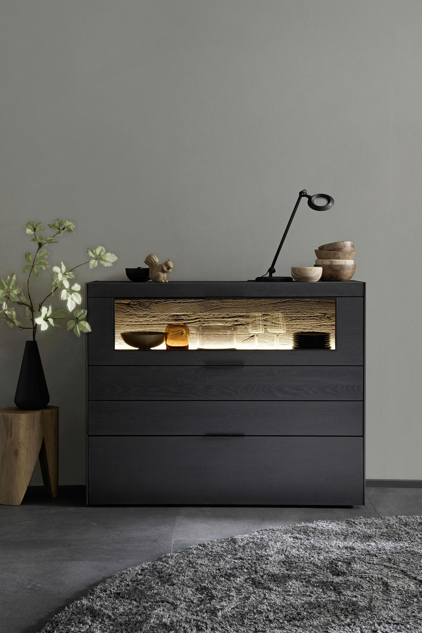 HIGHBOARD YORIS in 141/115/44 cm - Eichefarben/Anthrazit, KONVENTIONELL, Glas/Holz (141/115/44cm) - Schöner Wohnen