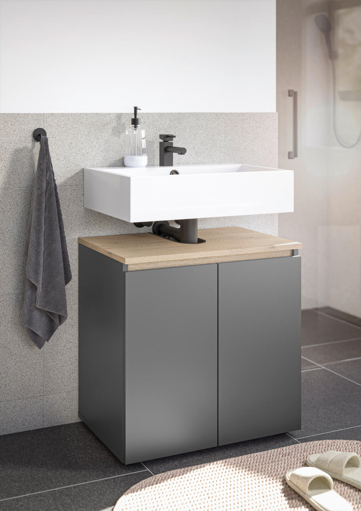 WASCHBECKENUNTERSCHRANK 60/60/38 cm  - Eichefarben/Anthrazit, Design, Holzwerkstoff/Kunststoff (60/60/38cm) - home24