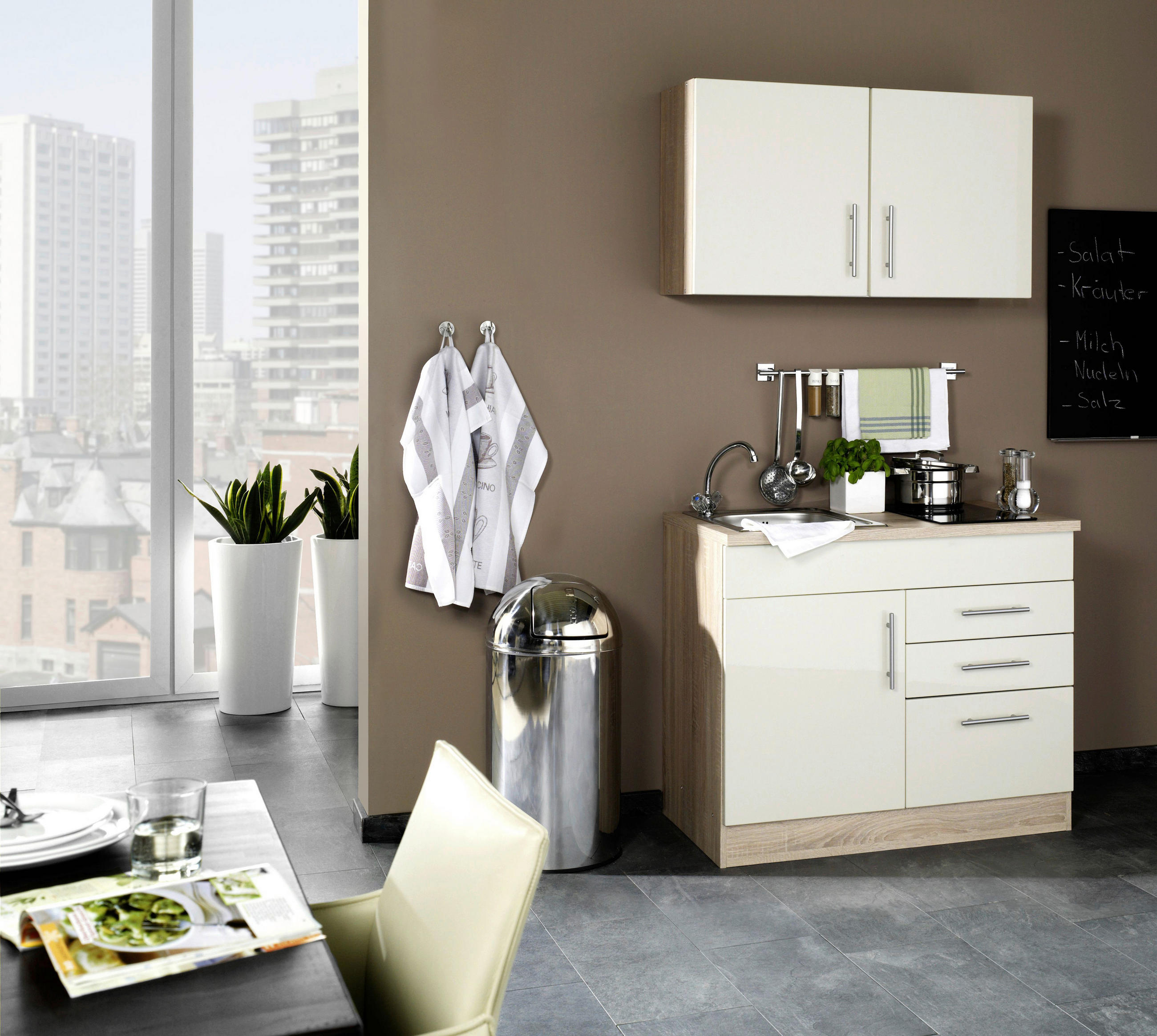 MINIKÜCHE 100 cm   in Creme  - Chromfarben/Eichefarben, MODERN, Holzwerkstoff/Metall (100cm) - Held