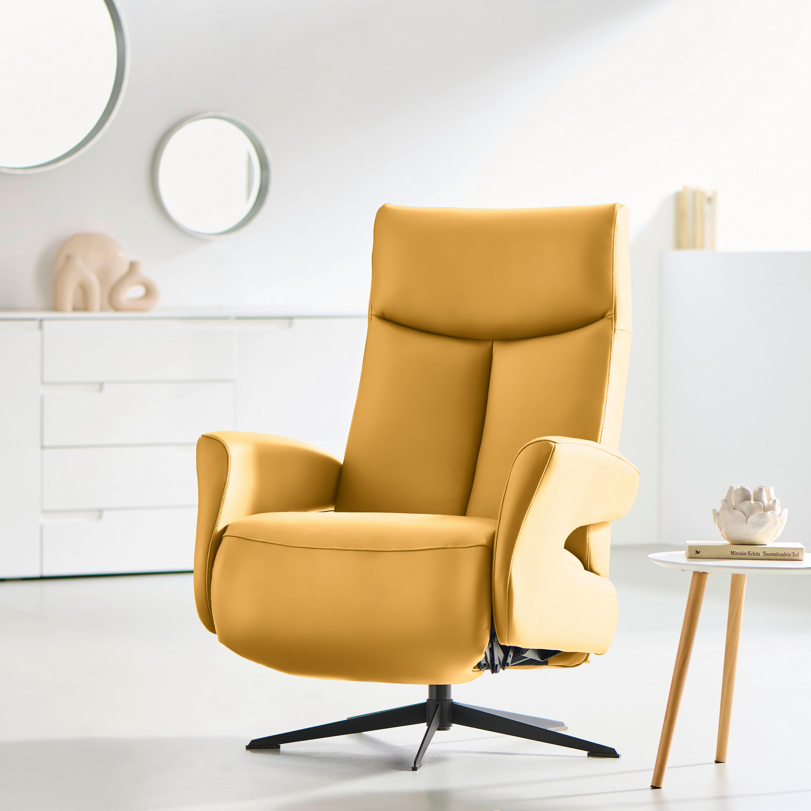 RELAXSESSEL Echtleder Relaxfunktion    - Gelb/Schwarz, Design, Leder/Metall (74/105/82cm) - Welnova