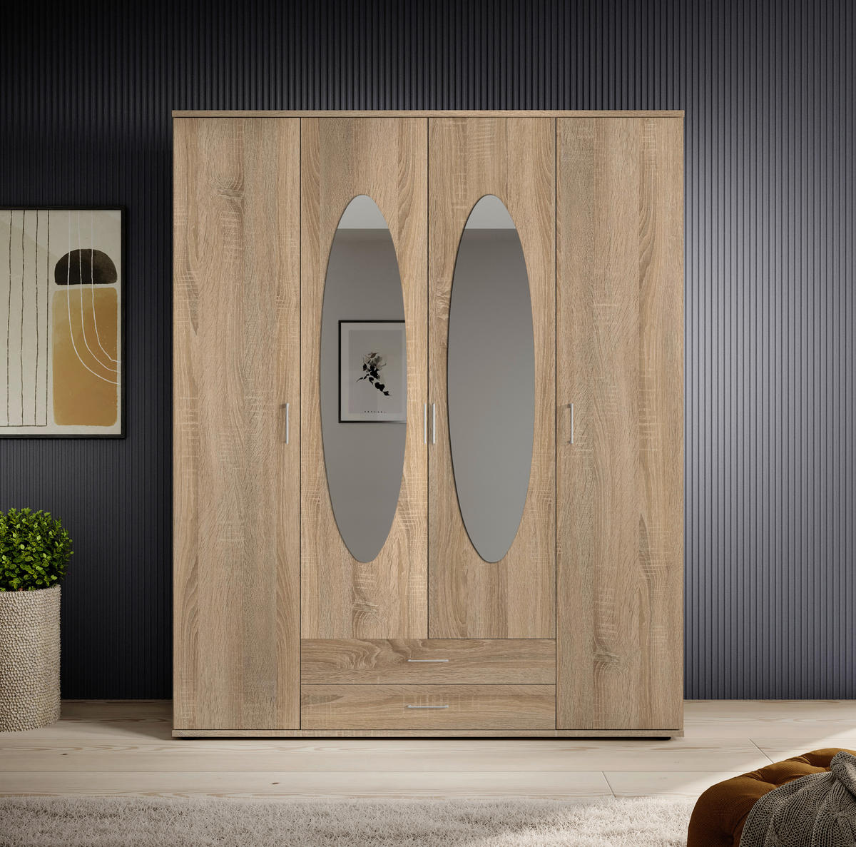 OMARA S KLASIČNIMI VRATI, hrast sonoma  - barve aluminija/hrast sonoma, Basics, umetna masa/steklo (159/196/54cm) - Carryhome