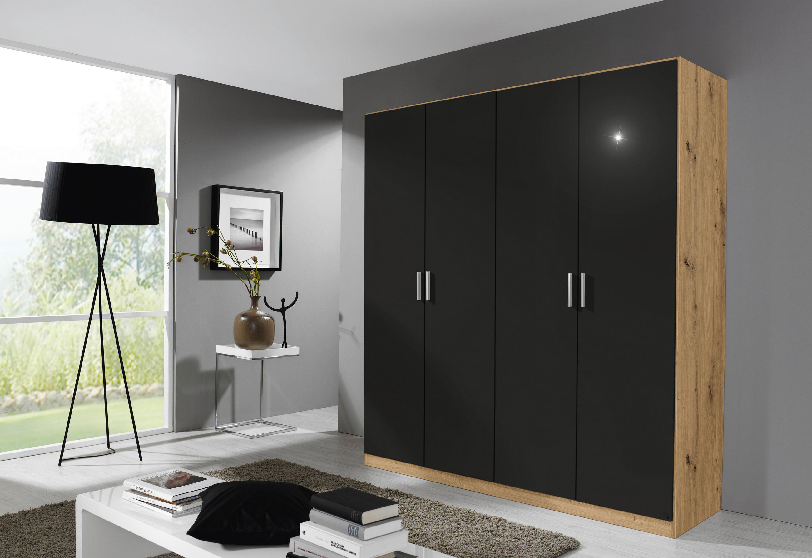 Thumbnail - Rauch Möbel Drehtürenschrank, Eiche Artisan, Grau, Holzwerkstoff, 4 Fächer, 181x197x54 cm, Blauer Engel, Made in Germany...