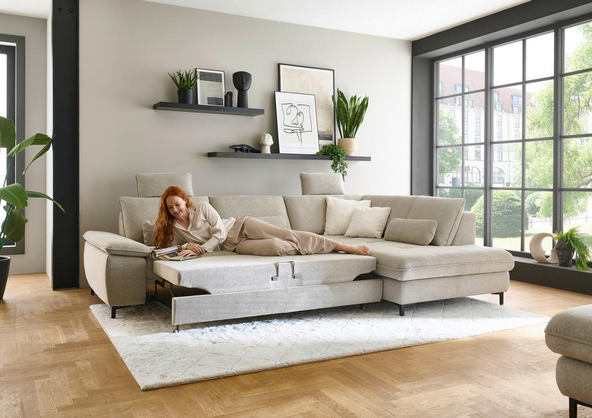 ECKSOFA Flachgewebe Sandfarben  - Sandfarben/Schwarz, Design, Textil/Metall (308/214cm) - Beldomo Speed