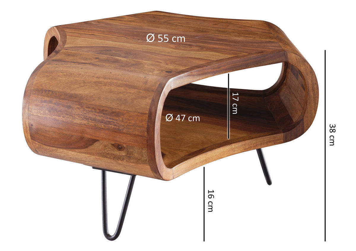 COUCHTISCH Sheesham massiv 55/55/38 cm Freiform Sheeshamfarben  - Sheeshamfarben/Schwarz, Design, Holz/Metall (55/55/38cm) - MID.YOU