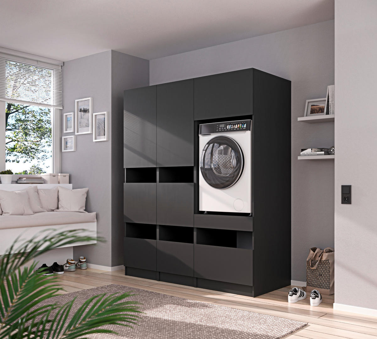 WASCHMASCHINENSCHRANK 68/200/68 cm  in Anthrazit  - Anthrazit/Schwarz, Design, Holzwerkstoff/Metall (68/200/68cm) - Milino