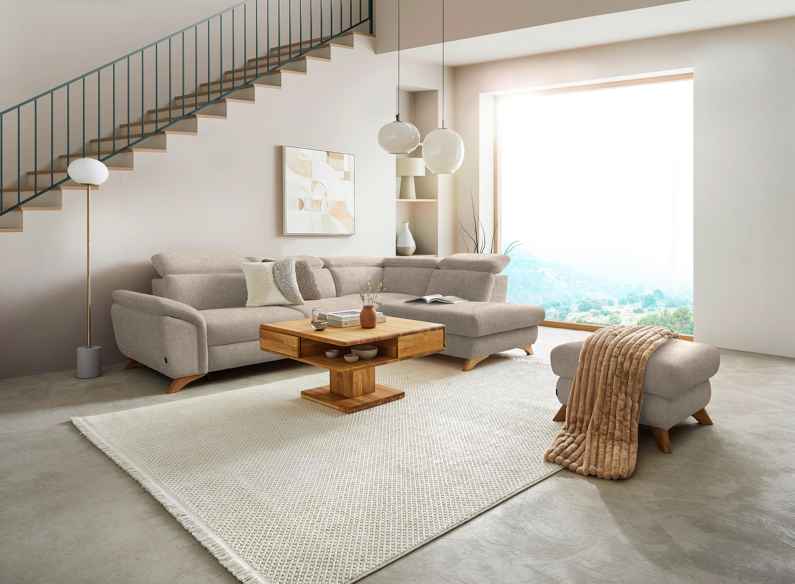 ECKSOFA in Bouclé Beige  - Eichefarben/Beige, Modern, Holz/Textil (287/212cm) - Valnatura
