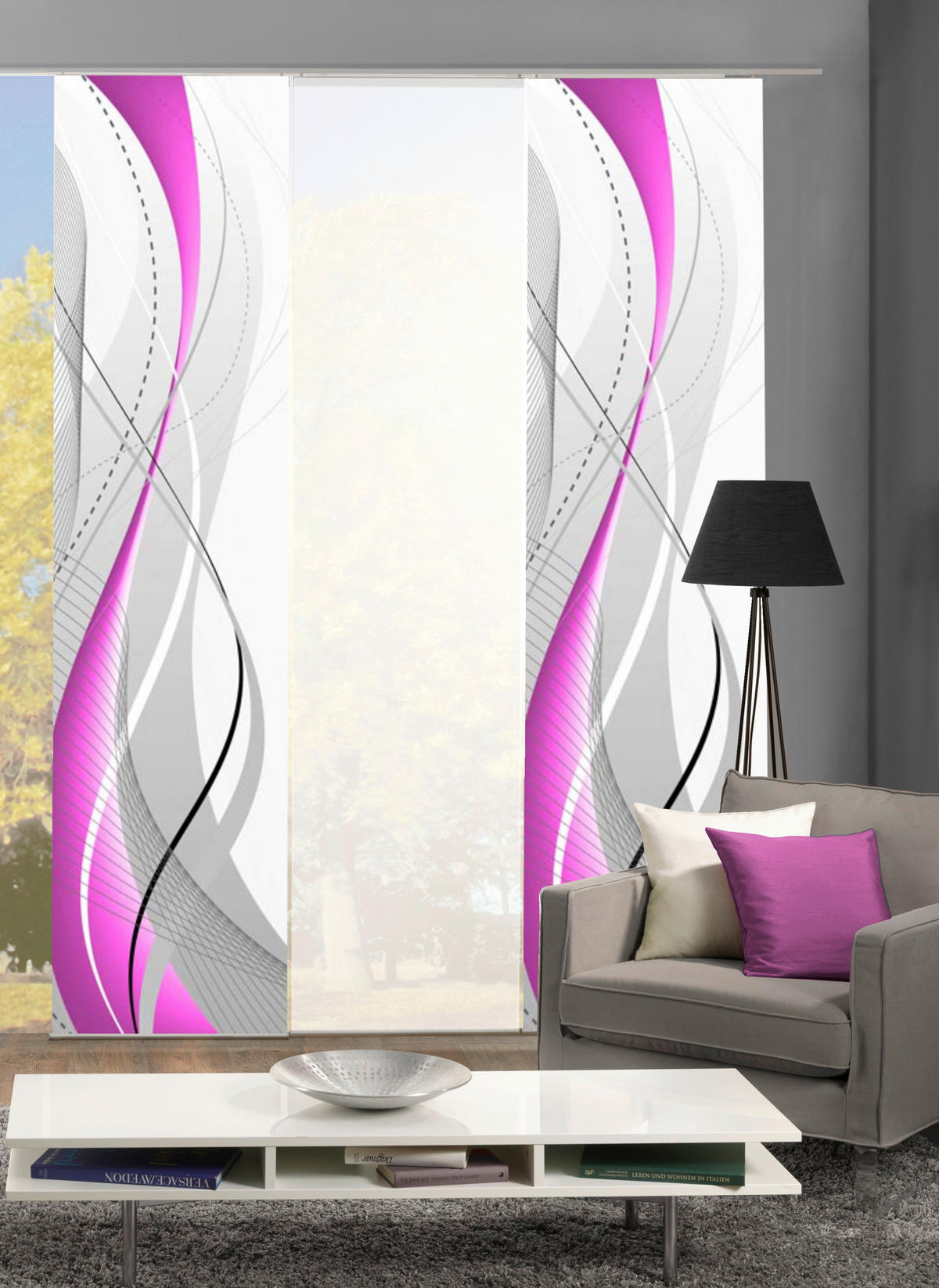 FLÄCHENVORHANG  3 Stück  halbtransparent   3x60/245 cm  - Beere/Brombeere, Design, Textil (3x60/245cm)