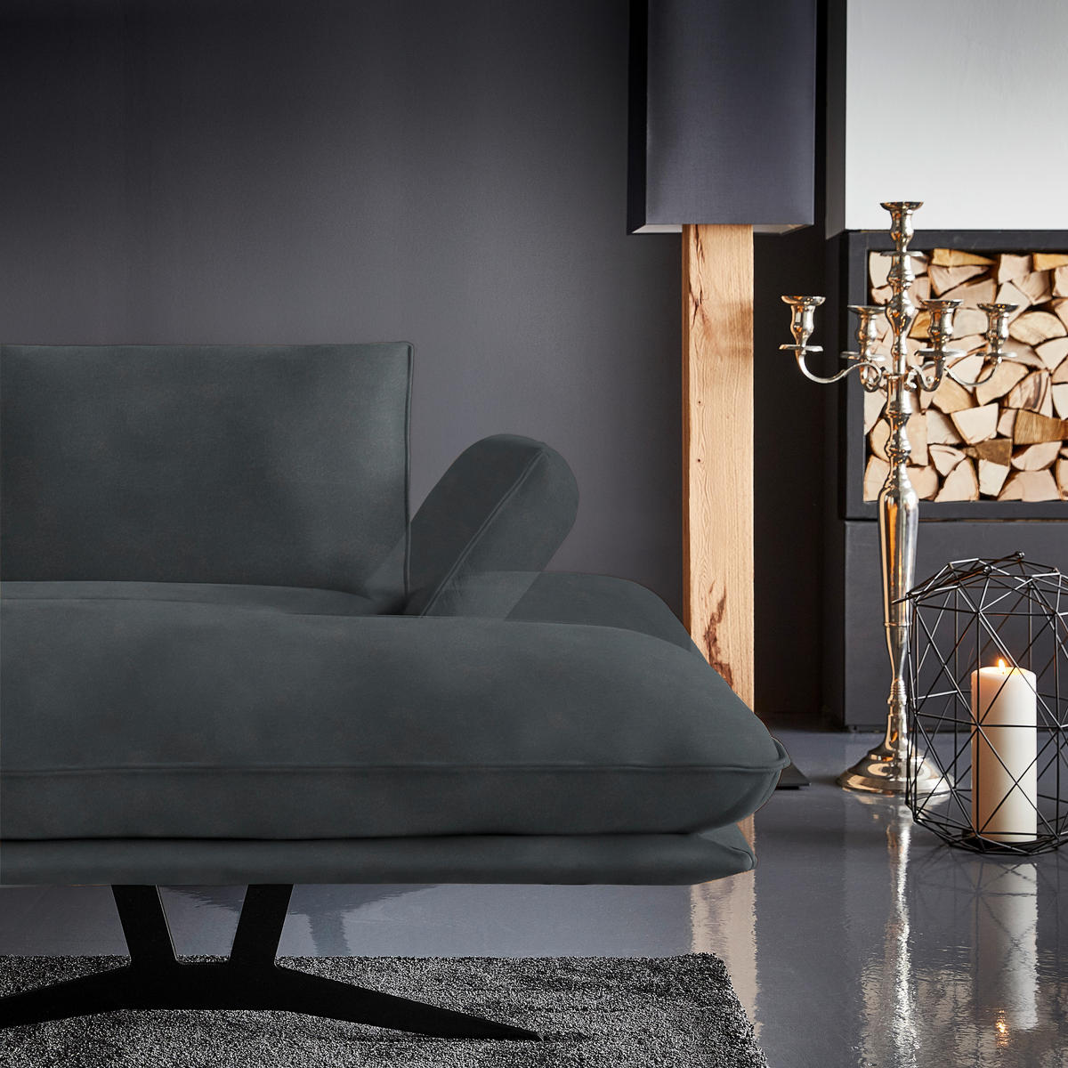 WOHNLANDSCHAFT in Echtleder Grau  - Schwarz/Grau, Natur, Leder/Metall (217/359/155cm) - Dieter Knoll