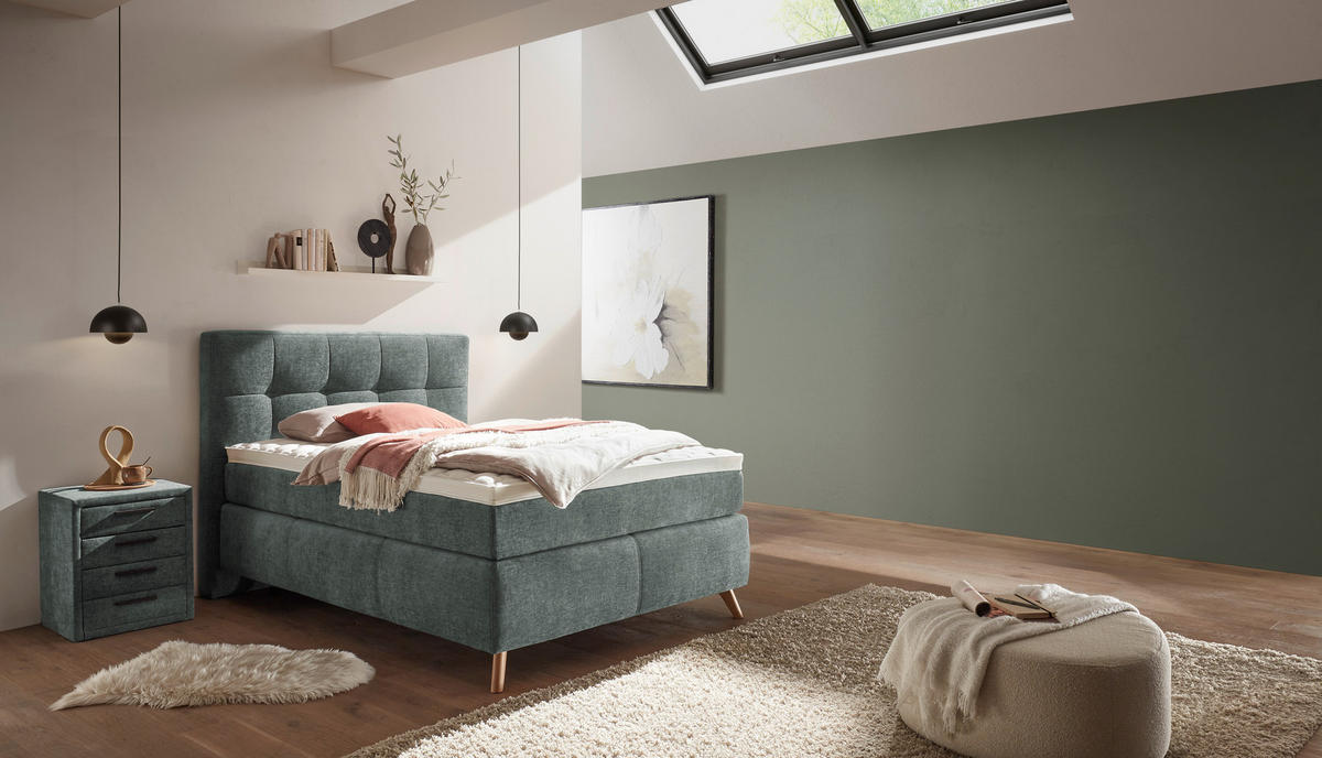 BOXSPRINGBETT 120/200 cm,  in Grün, H4 = sehr fest  - Alteiche/Grün, KONVENTIONELL, Holz/Textil (120/200cm) - Voleo