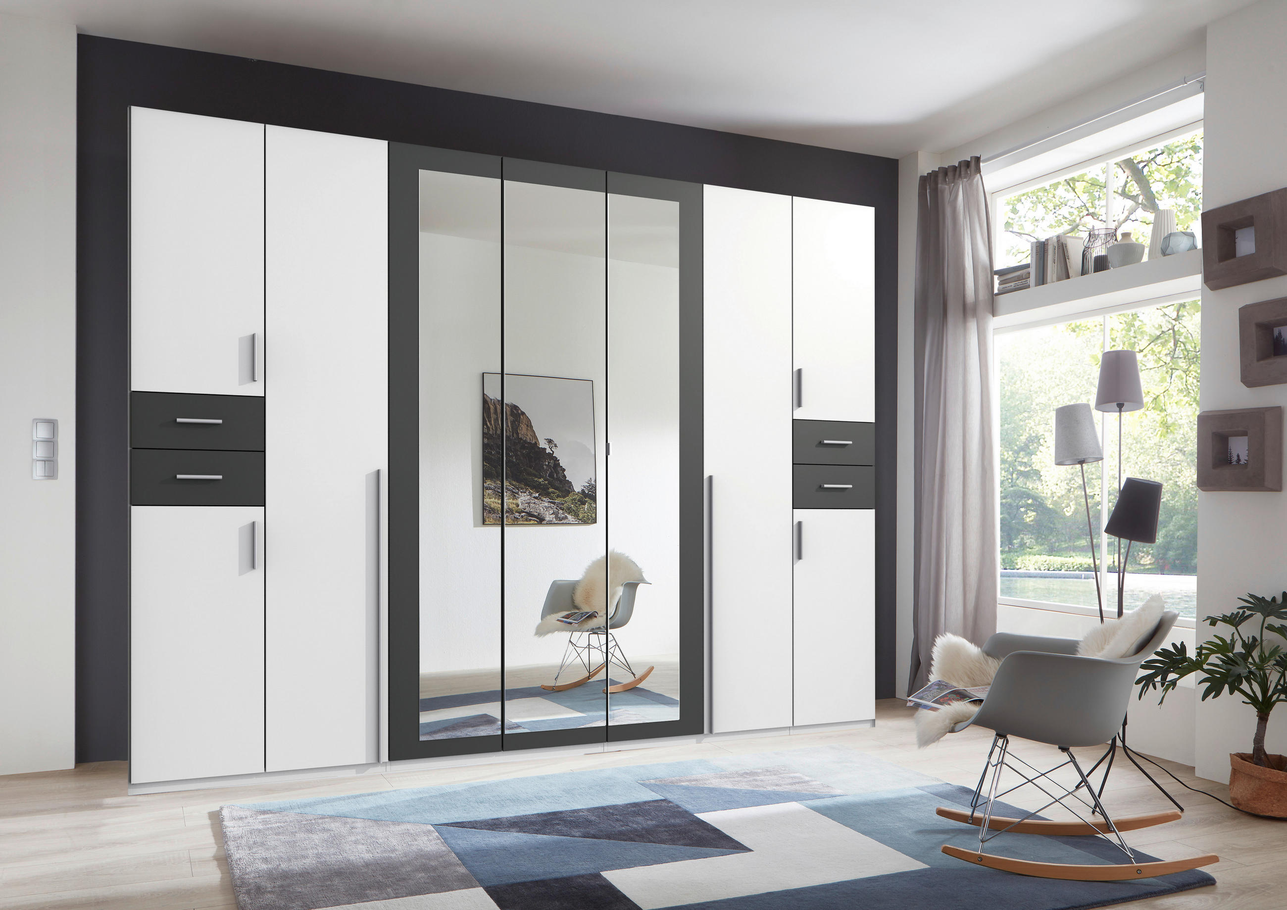 DREHTÜRENSCHRANK in Graphitfarben, Weiss  - Weiss/Silberfarben, Basics, Holzwerkstoff (313/208/58cm) - MID.YOU