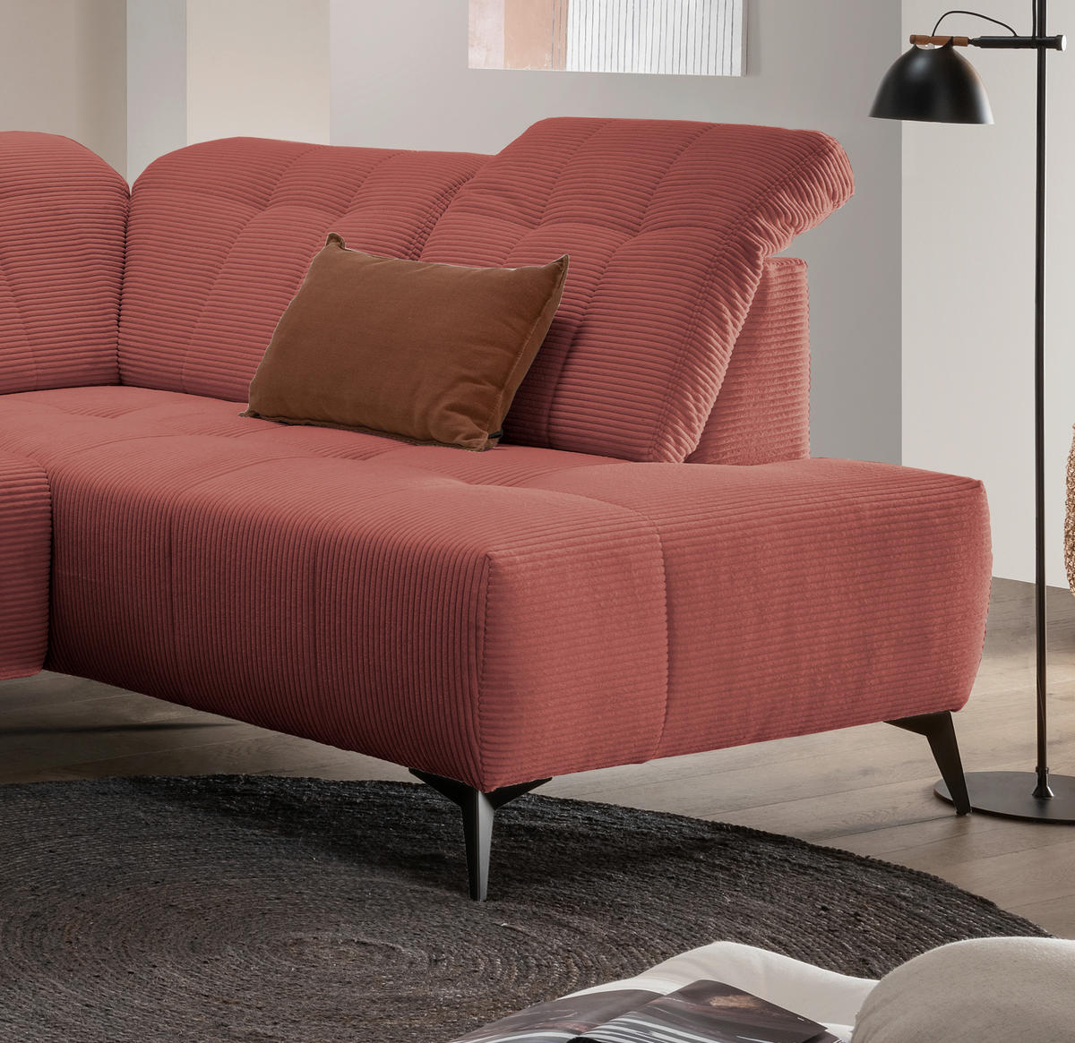 WOHNLANDSCHAFT SANO Koralle Cord  - Koralle/Schwarz, MODERN, Textil/Metall (180/337/200cm) - Livetastic