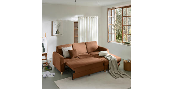 ECKSOFA Terracotta Flachgewebe  inkl. Bettkasten, Schlaffunktion, Rücken echt, Kopfstütze, Liegefläche im Originalstoff  - Buchefarben/Terracotta, KONVENTIONELL, Holz/Textil (241/166cm) - Carryhome