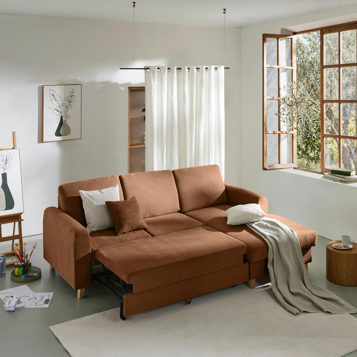 ECKSOFA Terracotta Flachgewebe  - Buchefarben/Terracotta, KONVENTIONELL, Holz/Textil (241/166cm) - Carryhome