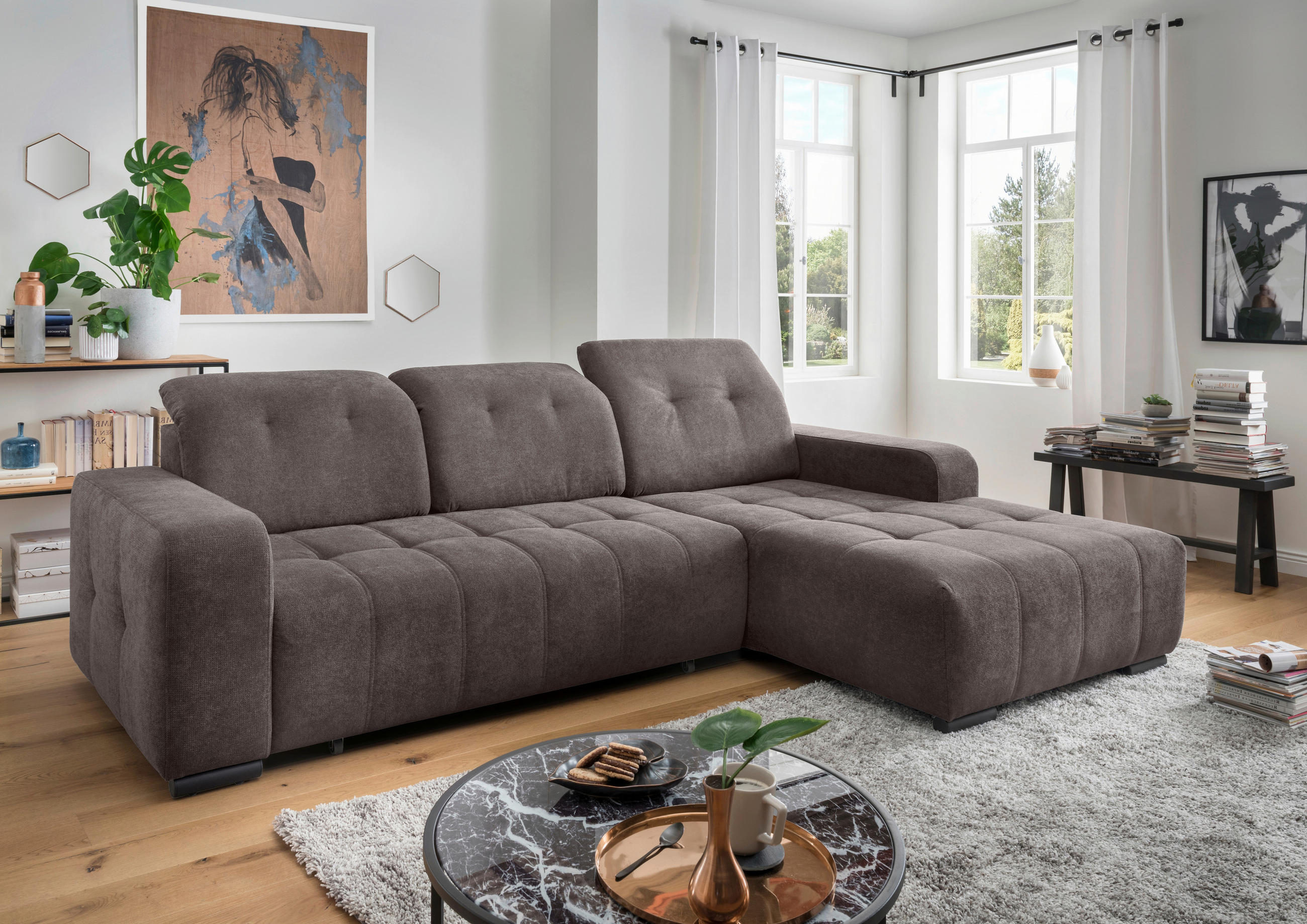 ECKSOFA VICARI in Mikrofaser Braun  292/185 cm  - Schwarz/Braun, MODERN, Textil/Metall (292/185cm) - Livetastic