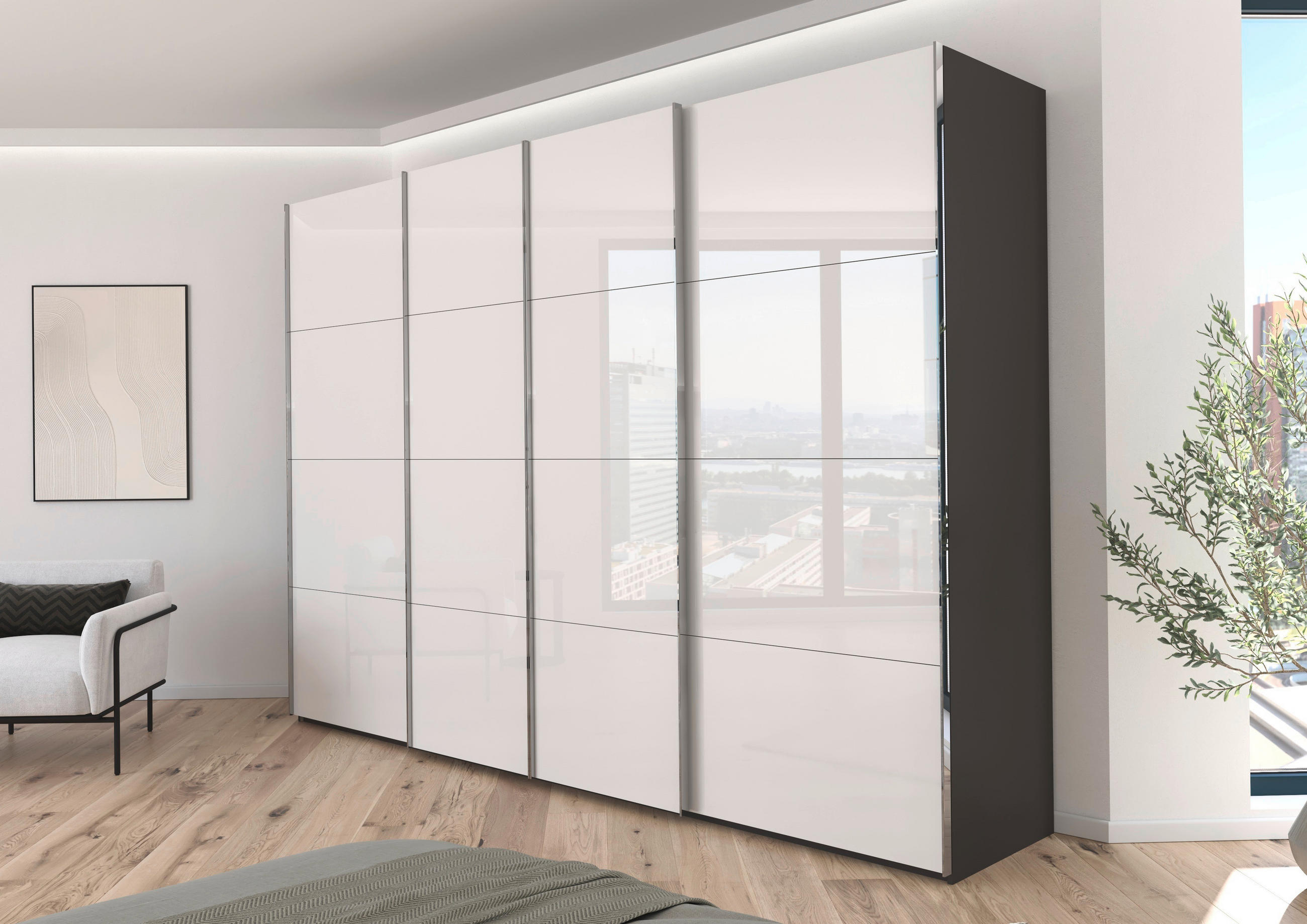 SCHWEBETÜRENSCHRANK 316/223/68 cm 4-türig Graphitfarben, Weiß  - Chromfarben/Graphitfarben, Design, Glas/Holzwerkstoff (316/223/68cm) - Novel