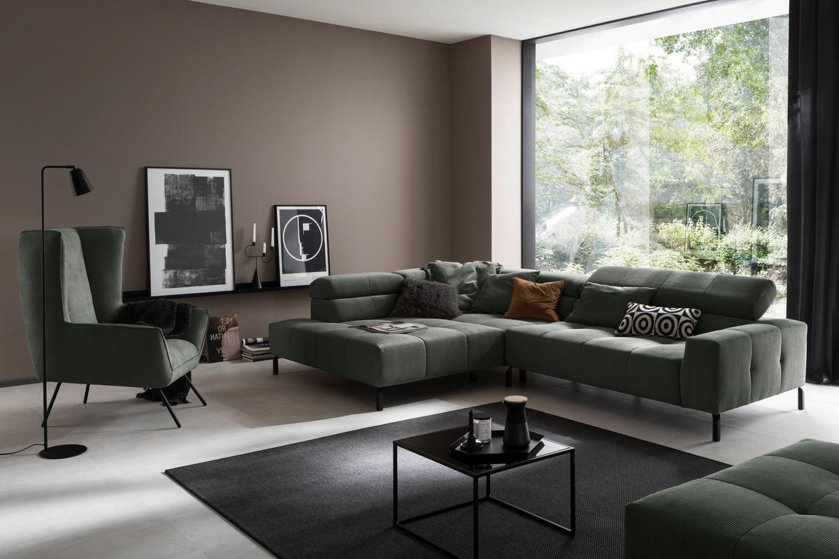 ECKSOFA in Feincord Olivgrün  219/311 cm  - Schwarz/Olivgrün, KONVENTIONELL, Textil/Metall (219/311cm) - Hom`in