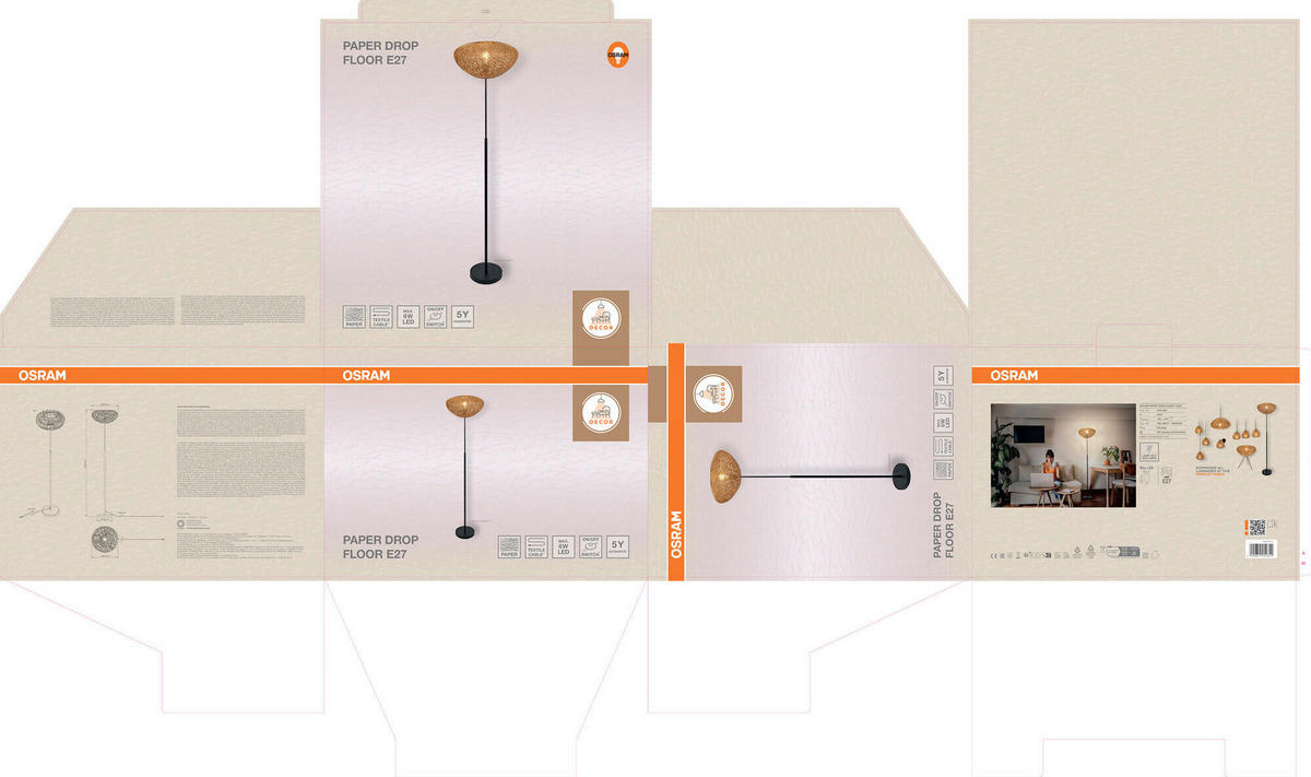 STEHLEUCHTE 39.5/163 cm    - Beige, Natur, Papier/Metall (39.5/163cm) - Osram