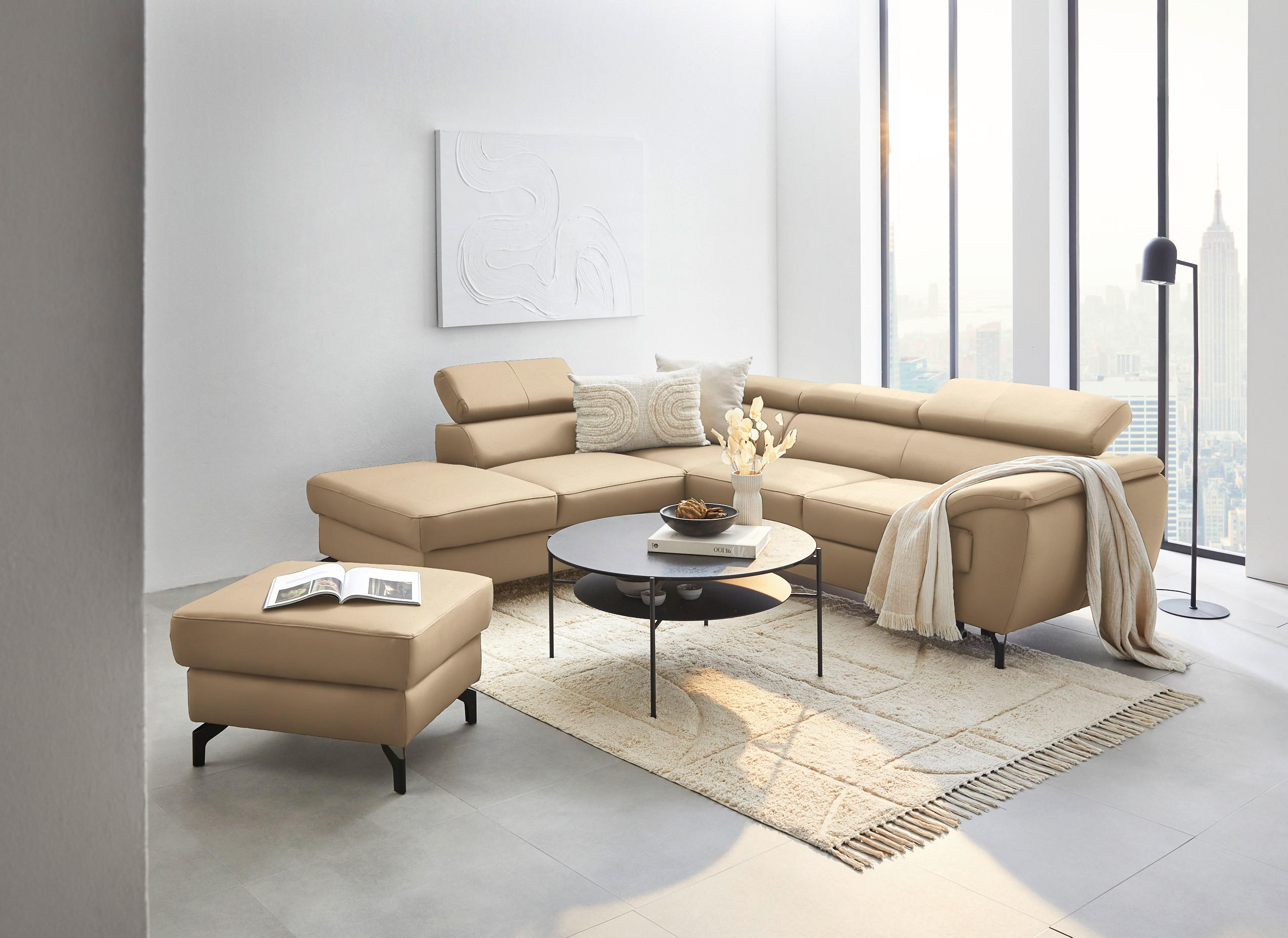 ECKSOFA in Echtleder Beige  - Beige/Schwarz, Design, Leder/Metall (220/256cm) - Celina Home