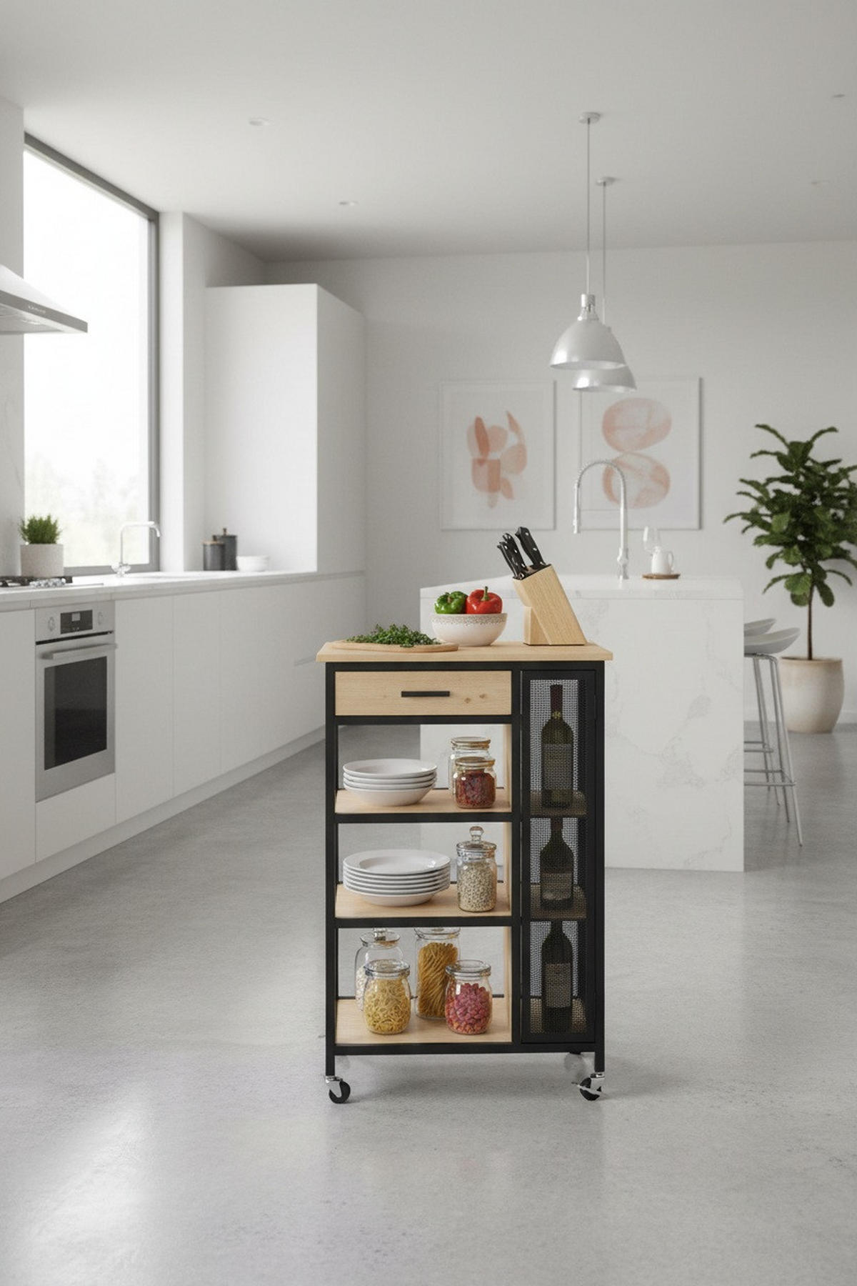 TÁLALÓKOCSI natúr színű, fekete  - natúr színű/fekete, Trend, műanyag/faalapú anyag (50/37/91cm) - Xora