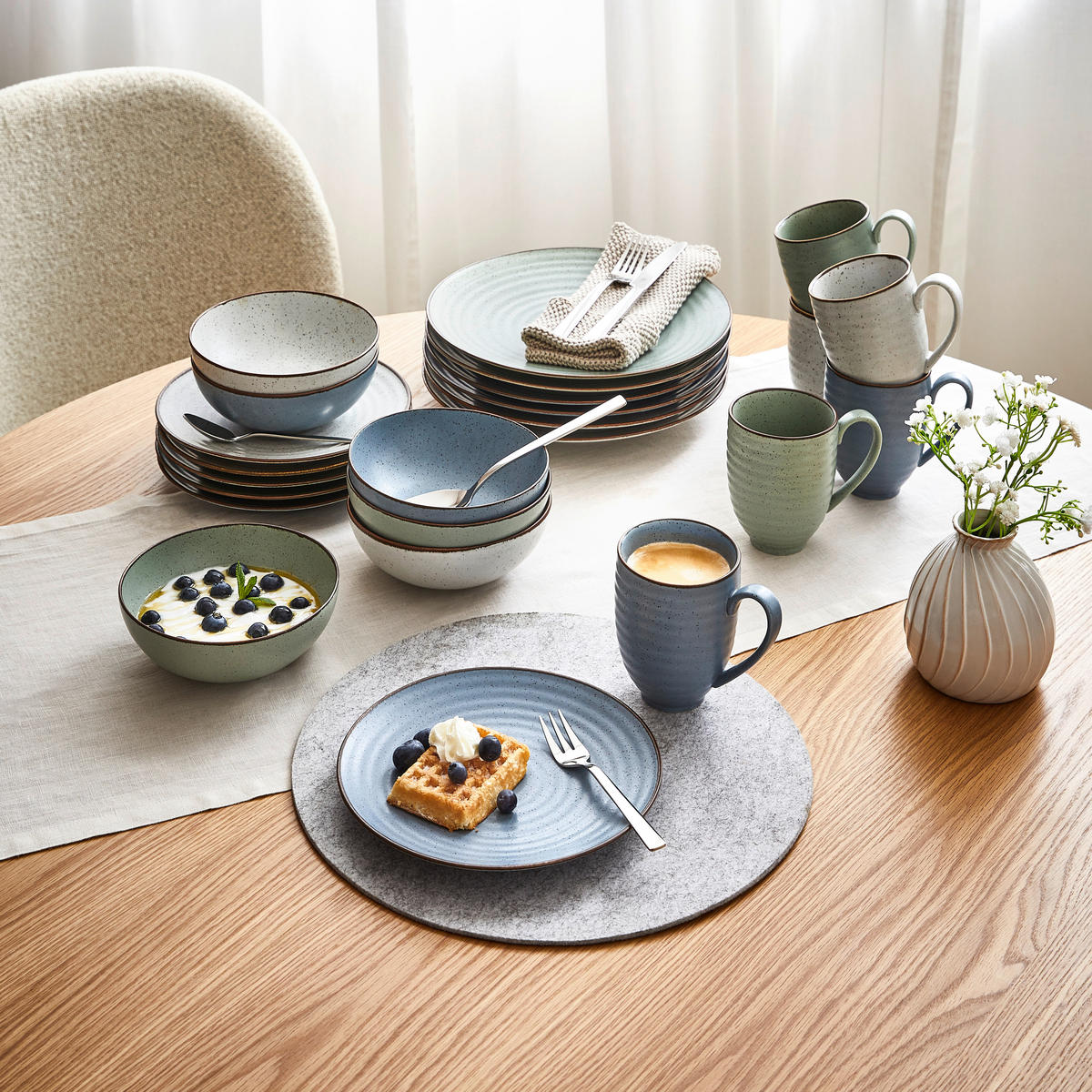 KOMBISERVICE Blau, Grün, Beige Farmhouse 24-teilig 6 Personen  - Blau/Beige, Design, Keramik - Landscape