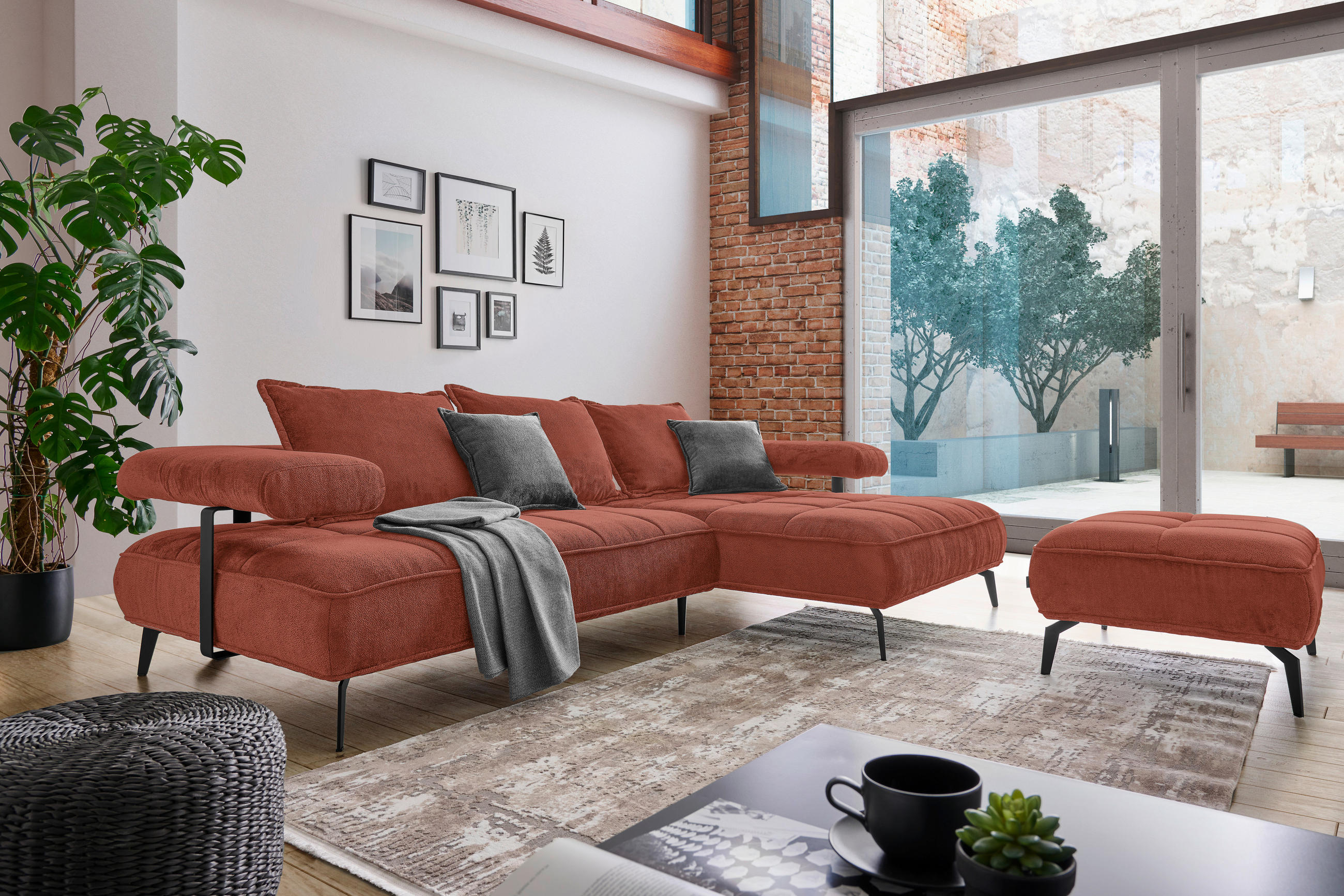 ECKSOFA in Webstoff Terracotta  - Terracotta/Schwarz, Design, Textil/Metall (266/180cm) - Welnova