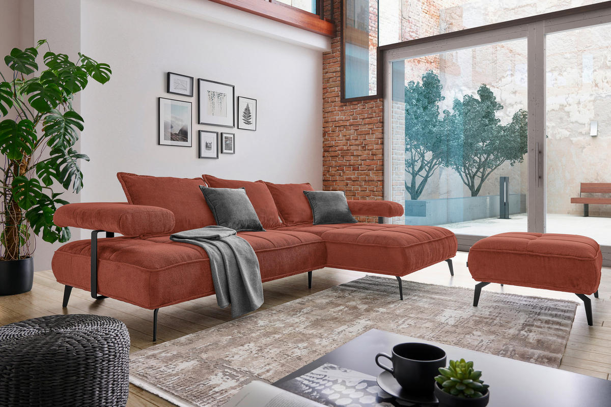 ECKSOFA Terracotta Webstoff  - Terracotta/Schwarz, Design, Textil/Metall (266/180cm) - Welnova